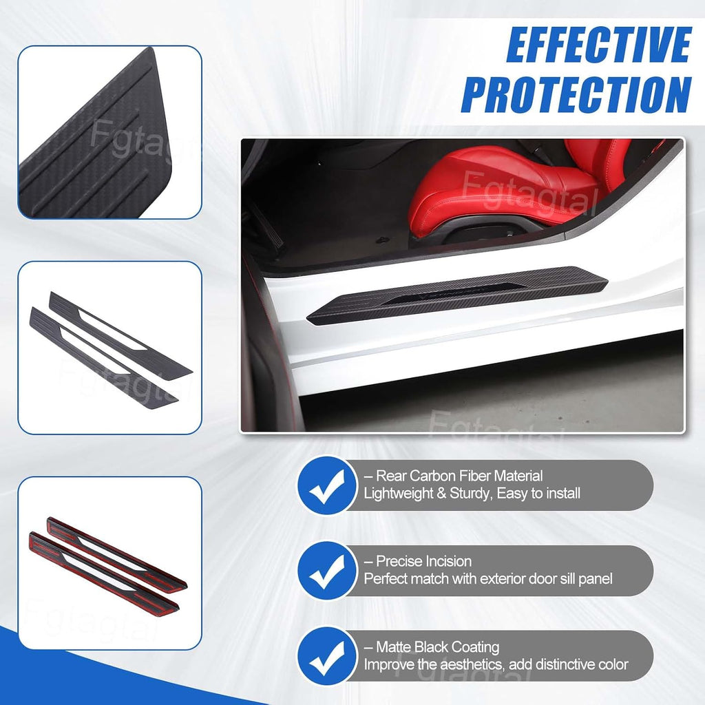 Real Carbon Fiber Door Sill Protectors Compatible with Chevrolet Corvette C8 2020-2026, Door Sill Guard Trim Cover, Threshold Strip Door Entry Guard Decorative Strip 2Pcs (Matte Black)