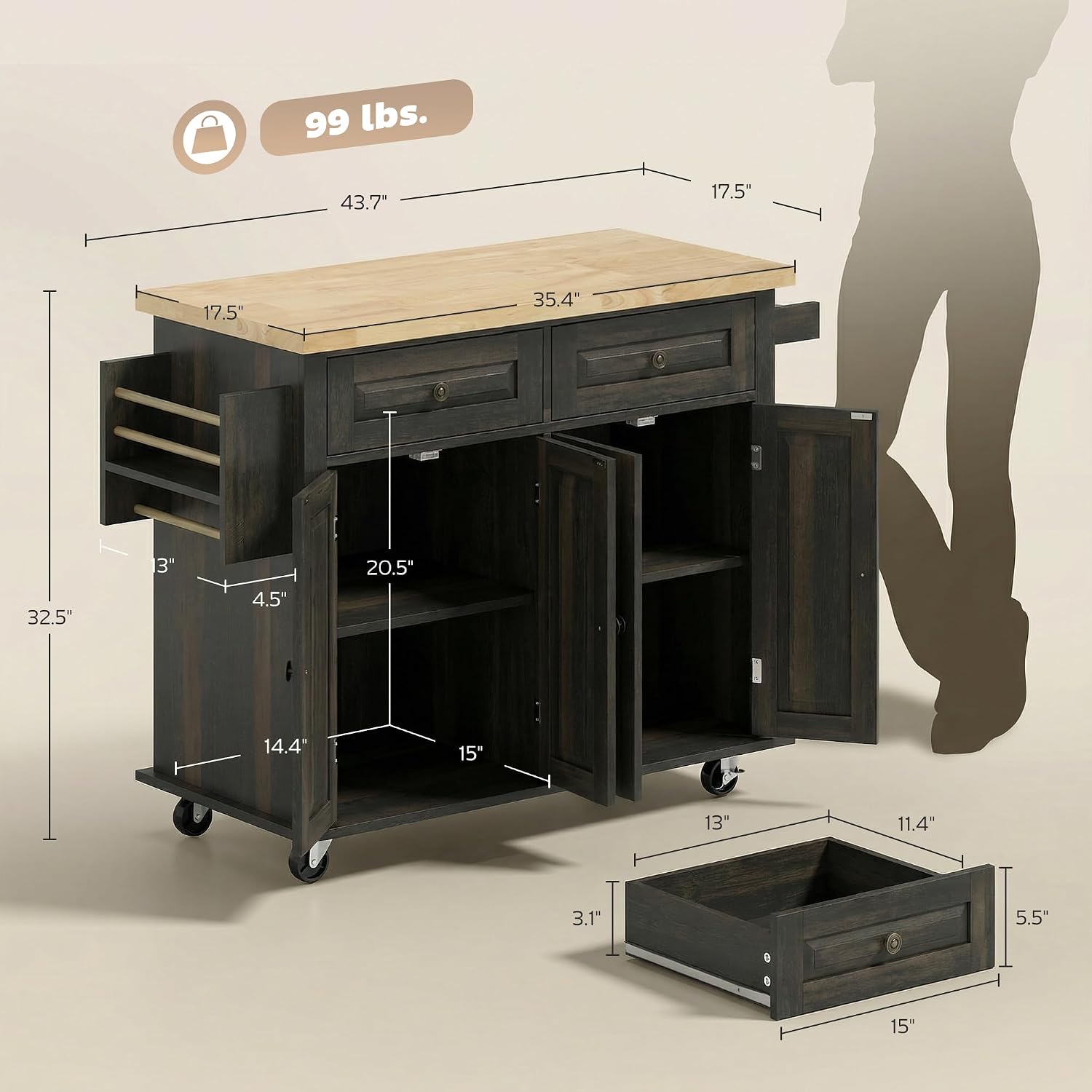 HOMCOM Kitchen Island Cart with Solid Wood Top, 44' Mobile Kitchen Island Table on Wheels with Storage Cabinets, 2 Drawers, Adjustable Shelves, Spice Rack & Towel Bar for Dining Room, Brown Oak
