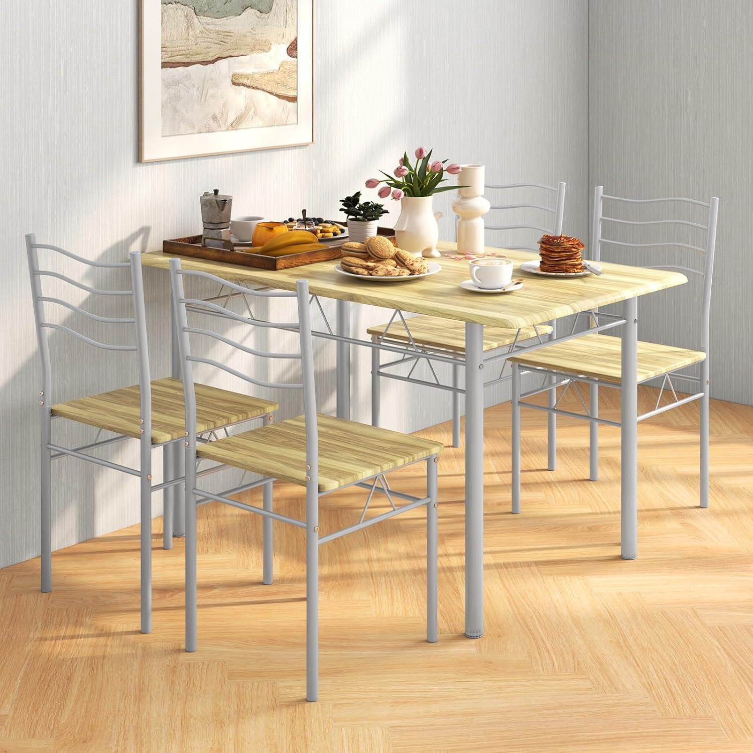 Giantex 47-inches Dining Table Set for 4, Rectangular Kitchen Table with 4 Dining Chairs, Metal Frame, 5-Piece Space-Saving Dinette Set for Small Space, Dinner, Breakfast Nook, Apartment, Natural