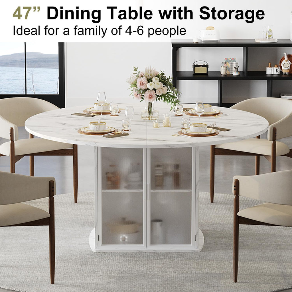 IBF 47' Round Dining Table with Storage, White Faux Marble Kitchen Tables for 4-6 People, Modern Dining Room Table with Fridge Space, Wood Circle Dinner Tables for Home, White Marble, Only Table