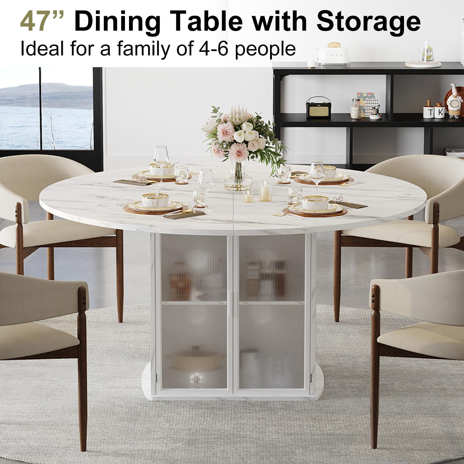 IBF 47' Round Dining Table with Storage, White Faux Marble Kitchen Tables for 4-6 People, Modern Dining Room Table with Fridge Space, Wood Circle Dinner Tables for Home, White Marble, Only Table