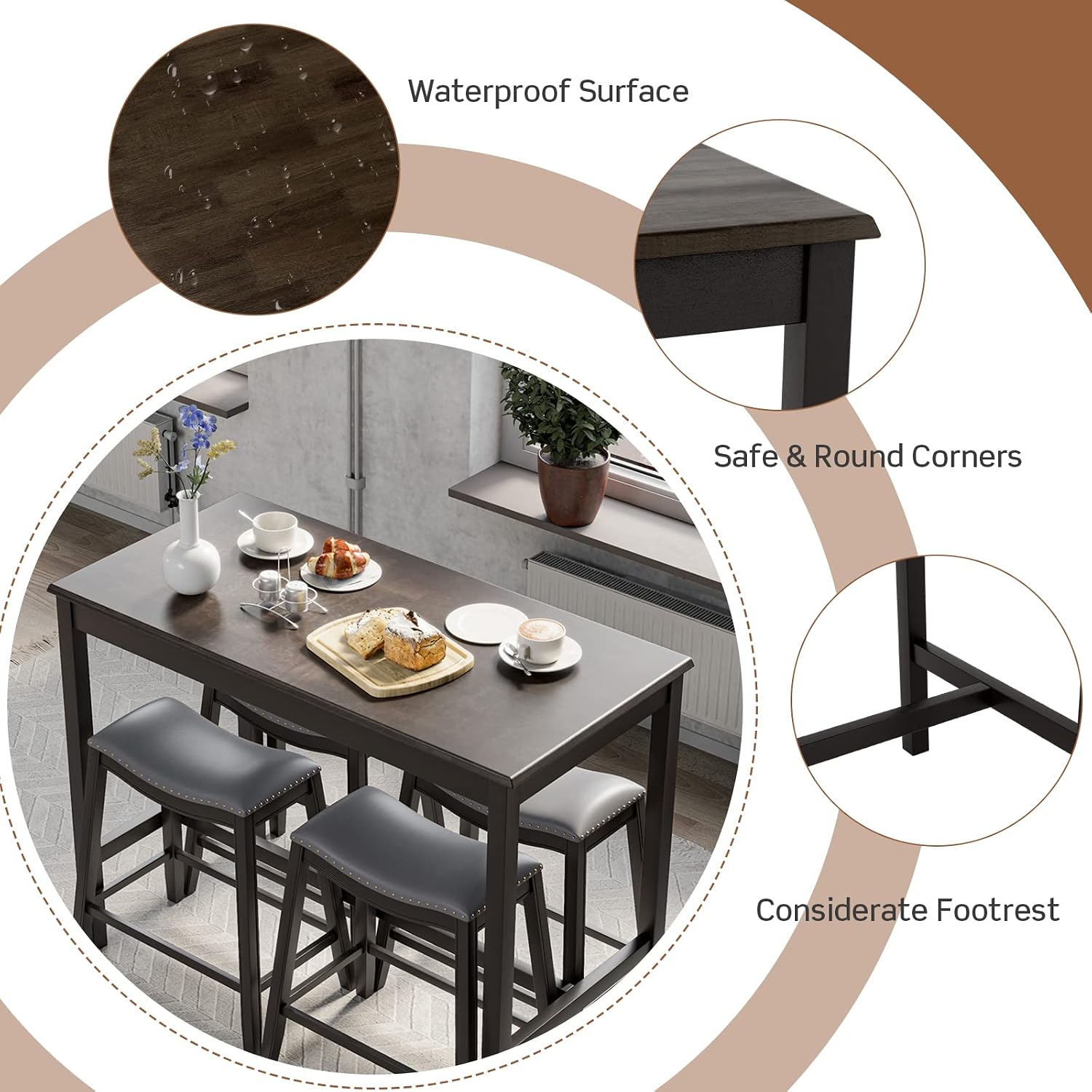 COSTWAY 5-Piece Dining Table Set for 4, Counter Height Breakfast Table and Upholstered 4 Saddle Stools, Space-Saving Design, Rubber Wood Pub Dinette Set for Bistro Dining Room Small Space, Black+Grey