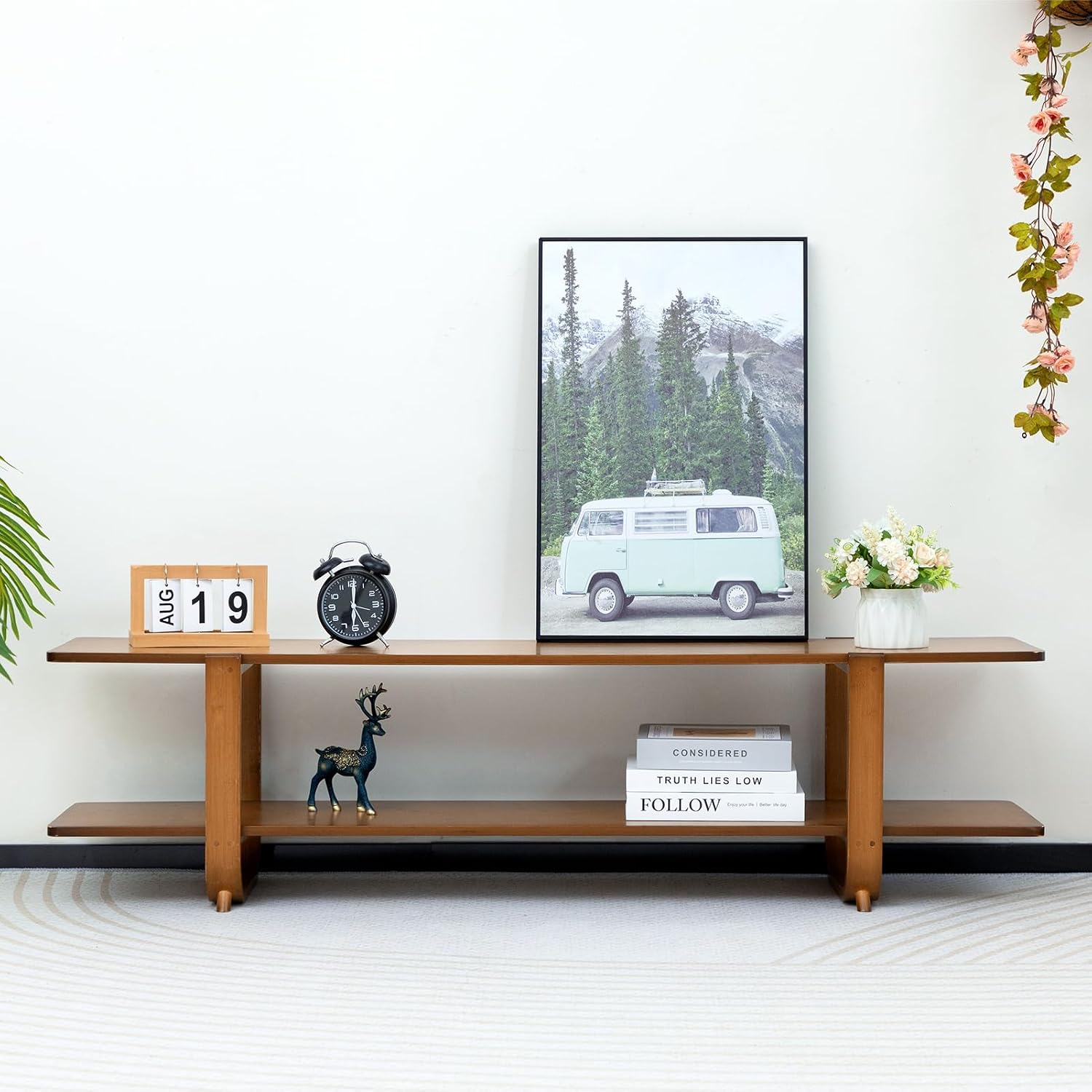 HollyHOME Bamboo TV Stand with Storage for TVs up to 65'', Modern Entertainment Center with 2 Open Shelf, Accent TV Media Console Table for Living Room, Bedroom, 55'(L), Walnut