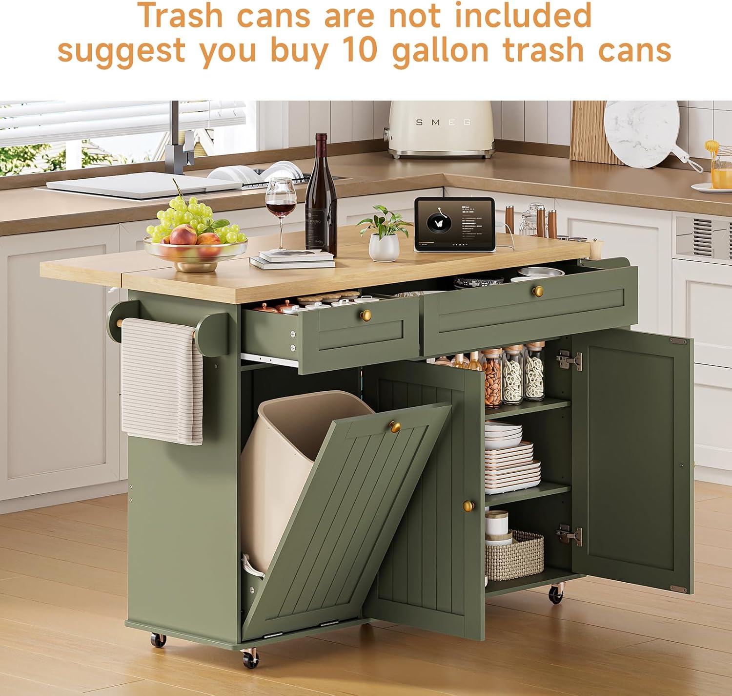 60' Kitchen Island with Power Outlet & Drop Leaf, Kitchen Rolling Island with Spice Rack & Towel Rack, Knife Holder, Kitchen Island Cart with Trash Storage Cabinet, Mobile Island Table for Kitchen