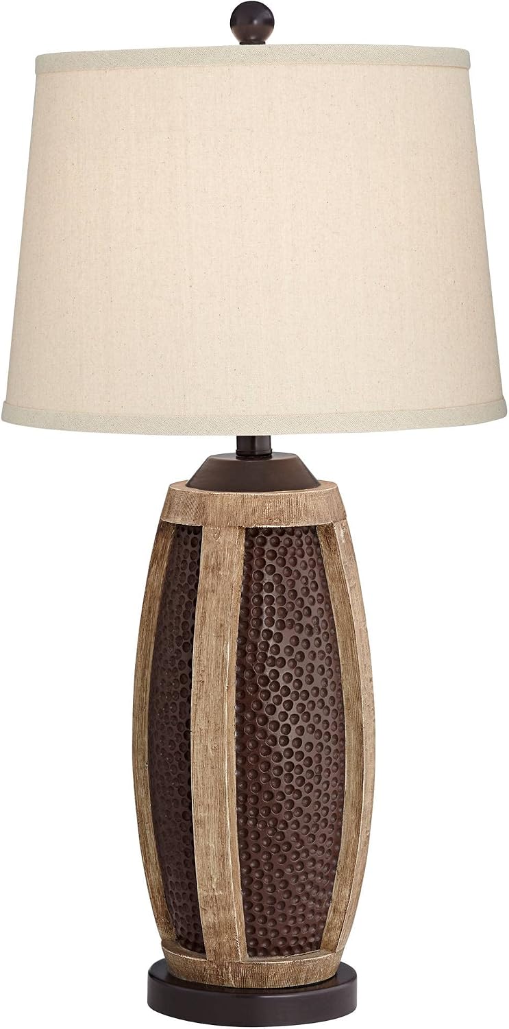 John Timberland Parker Industrial Rustic Table Lamps 30' Tall Set of 2 with Round Risers USB Charging Port Hammered Bronze Wood Oatmeal Drum Shade for Living Room Bedroom House Bedside Home