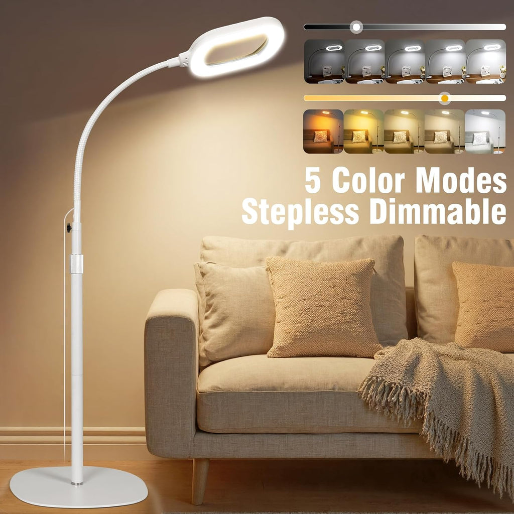 Large Magnifying Glass with Light and Stand, 10X Rectangle Optical Real Glass Lens, Height Adjustable Gooseneck Magnifier Floor Lamp, 5 Color Modes LED Dimmable Lighted Hands Free for Crafts - White