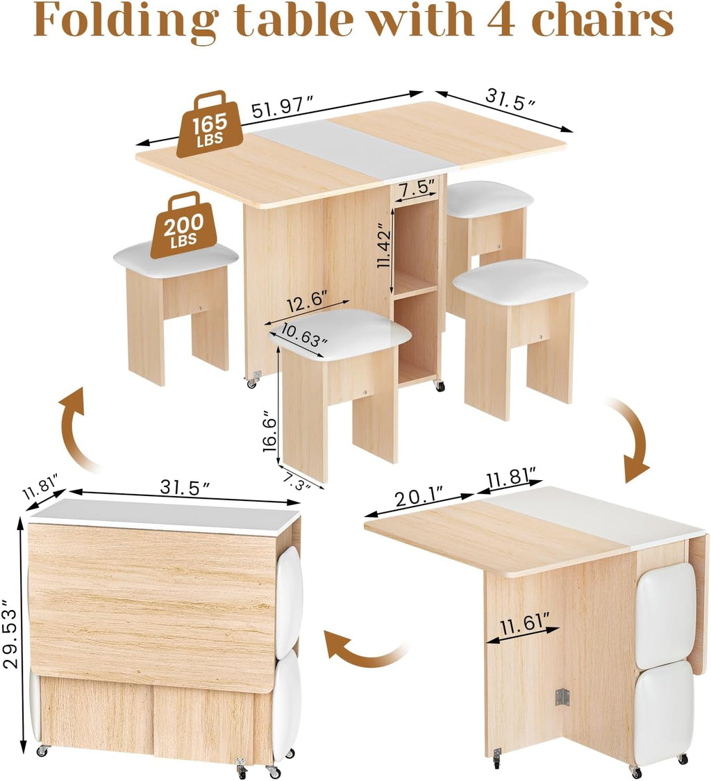 AWQM Foldable Dining Table Set for 4,Folding Dining Table with 4 Leather Chairs & Storage,Drop Leaf Dinner Table with 6 Wheels,Folding Kitchen Table and Chairs Set for Small Spaces, Beige White