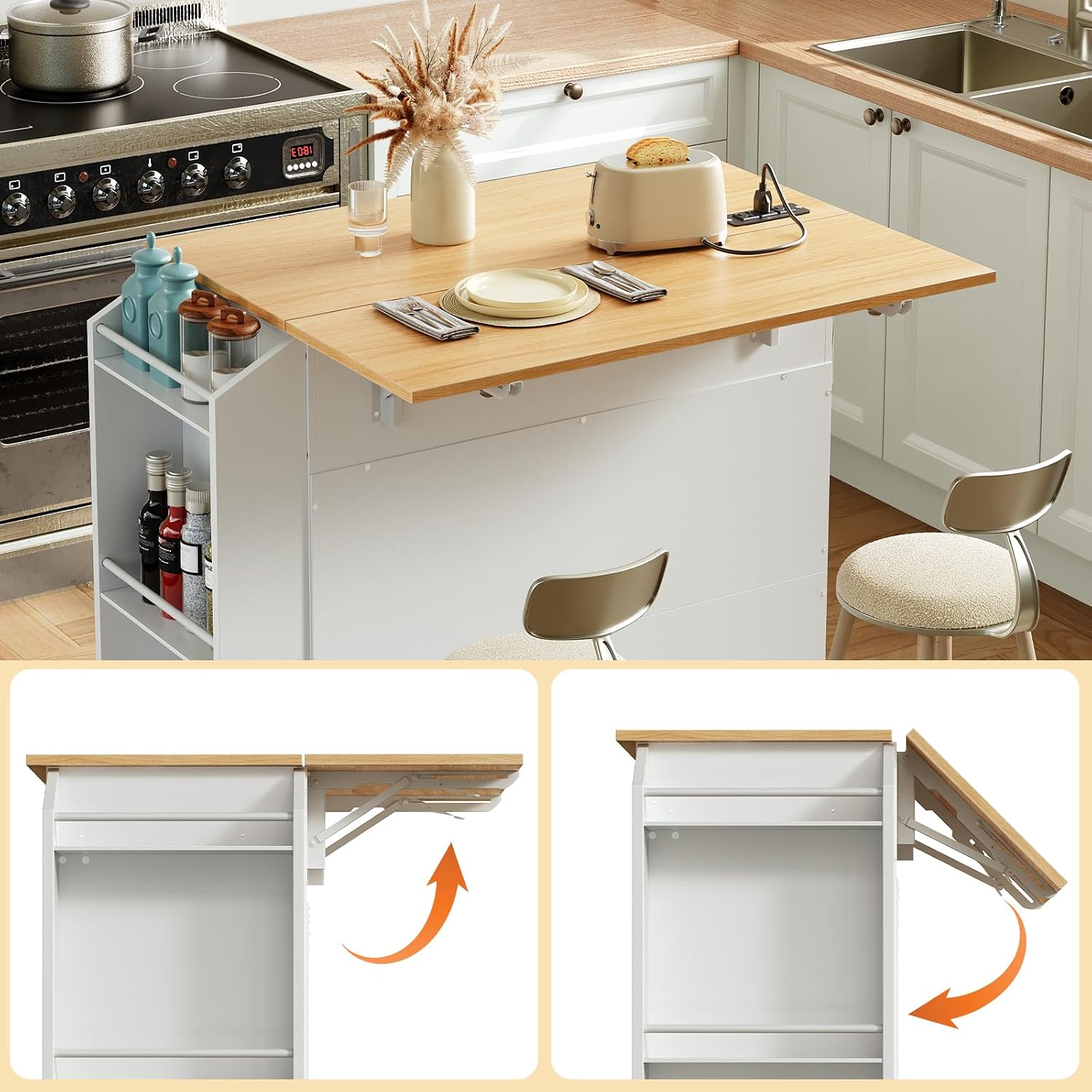 HOOBRO Kitchen Island with Drop Leaf Countertop & Power Outlet, Rolling Island Cart on Wheels, Kitchen Cart with Drawer & Spice Rack, Mobile Island Table for Kitchen, White and Natural WN86UZD01
