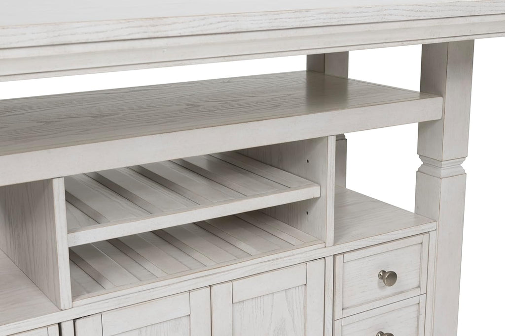 Signature Design by Ashley Robbinsdale Casual Counter Height Dining Table with 10 Bottle Wine Storage, Open Shelves, Drawers and Cabinet, Antiqued White Finish, 36' W x 72' L x 37' H