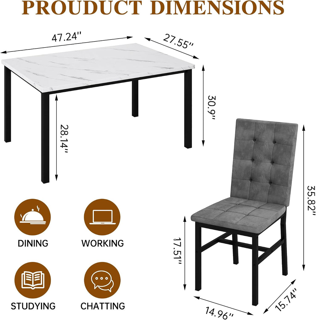 AWQM Dining Table Set for 4,Faux Marble Kitchen Table and Chairs Set of 4, Modern Dining Room Set for 4,Dinner Table Set with Velvet Chairs, Dining Set for Small Spaces,White & Grey