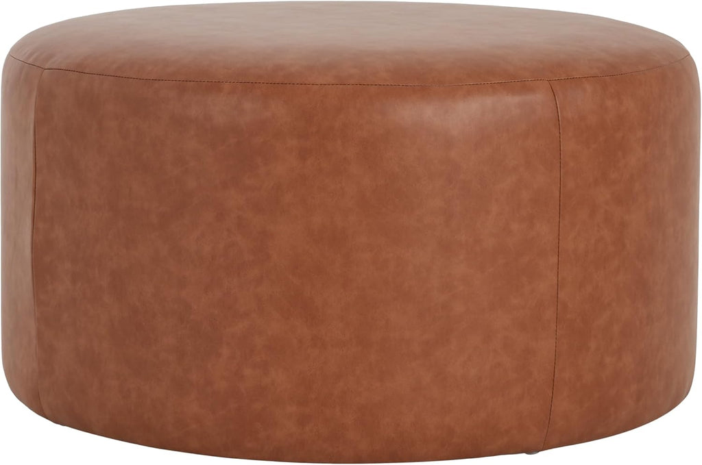 Christopher Knight Home GAVI PU Leather Ottoman Foot Stool, 30' Pouf Footstool Ottoman Seat, Upholstered Foot Chair, Round Footrest, Modern Side Table for Living Room Bedroom Home Decor, Cognac Brown