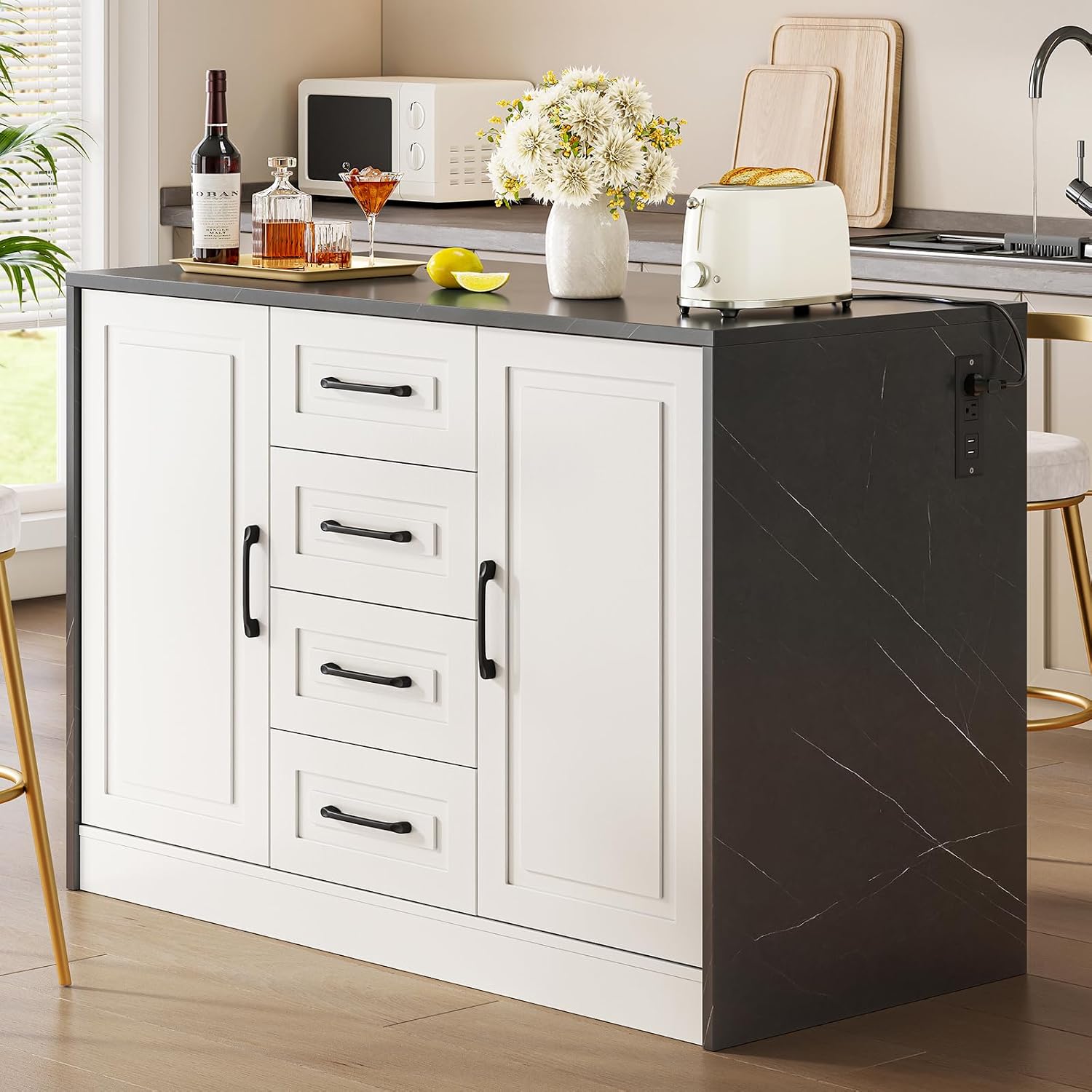 ONBRILL 47.3' Kitchen Island with 2 Storage Cabinets & 4 Drawers, Modern Imitation Marble Dining Table with Power Outlet, Island Bar Table for Kitchen, Dining Room, Living Room, Black