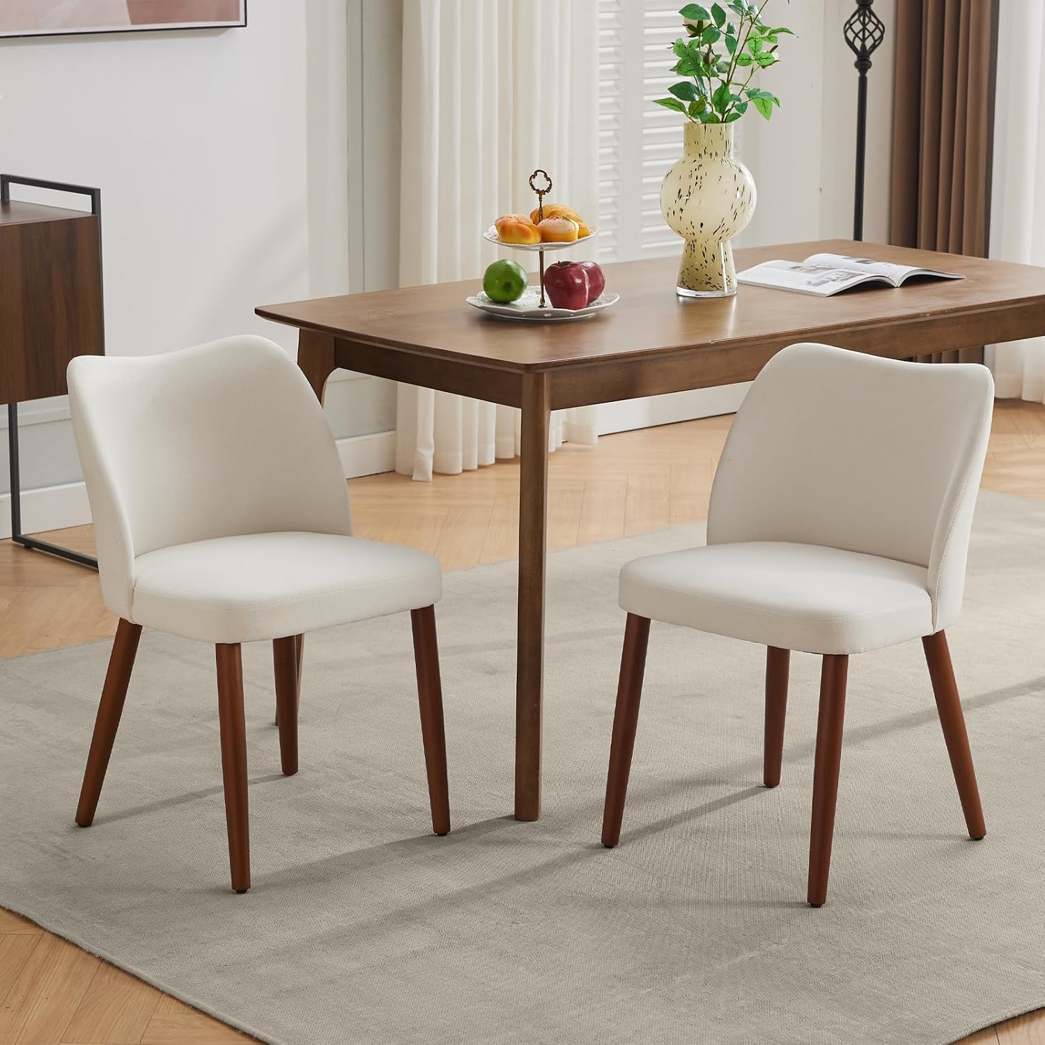 GarveeHome Linen Dining Chair Set of 4 Upholstered Fabric Dining Chair with Wood Legs, Wing Backrest, Wooden Kitchen Chairs with Thick Cushions, Leveling Feet for Dining Room, Living Room, White