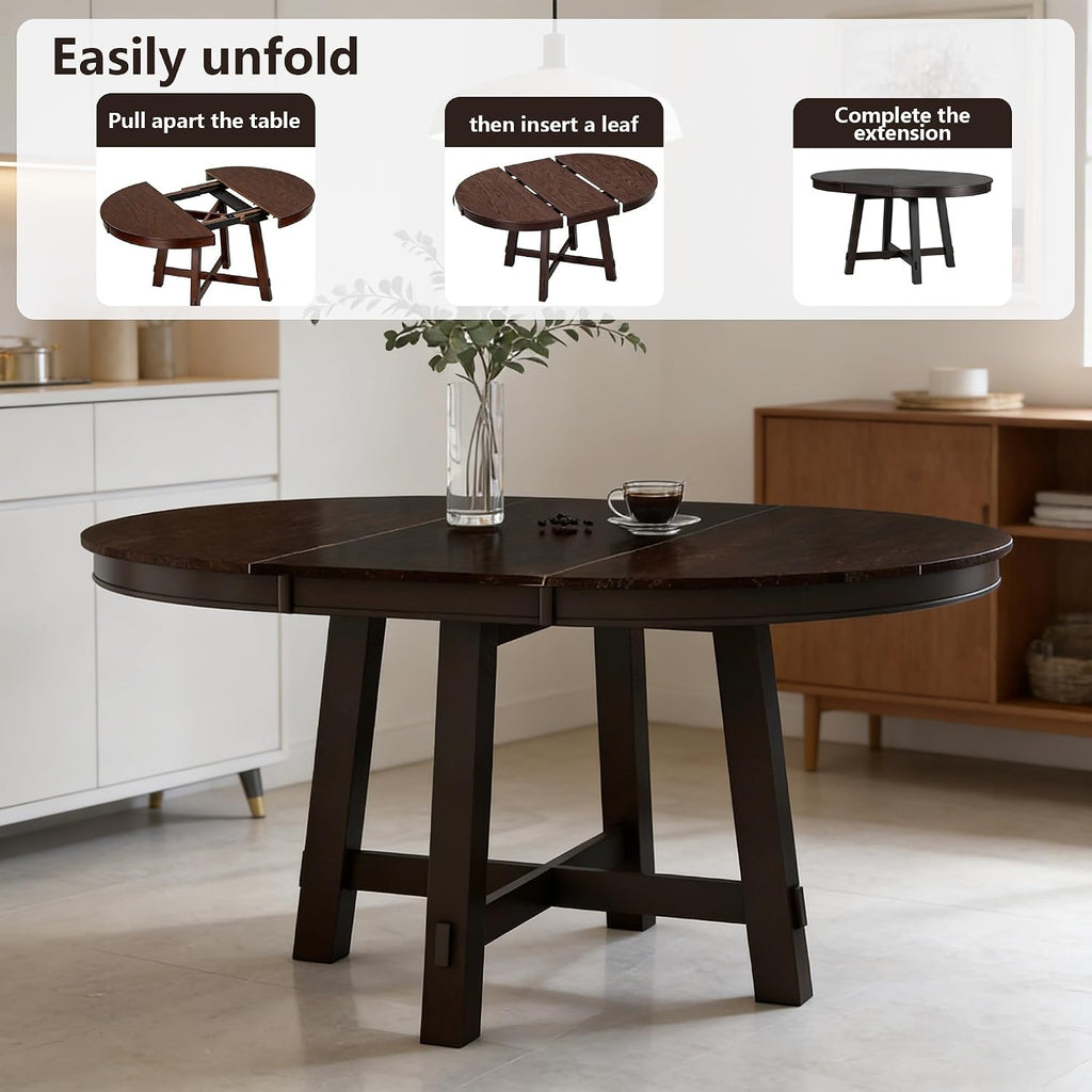 Bellemave 42'-58' Extendable Dining Table for 4-6, Solid Wood Oval Dining Kitchen Table with Removable Leaf, Farmhouse Circle Desk for Kitchen Living Room Space Saving (Espresso)