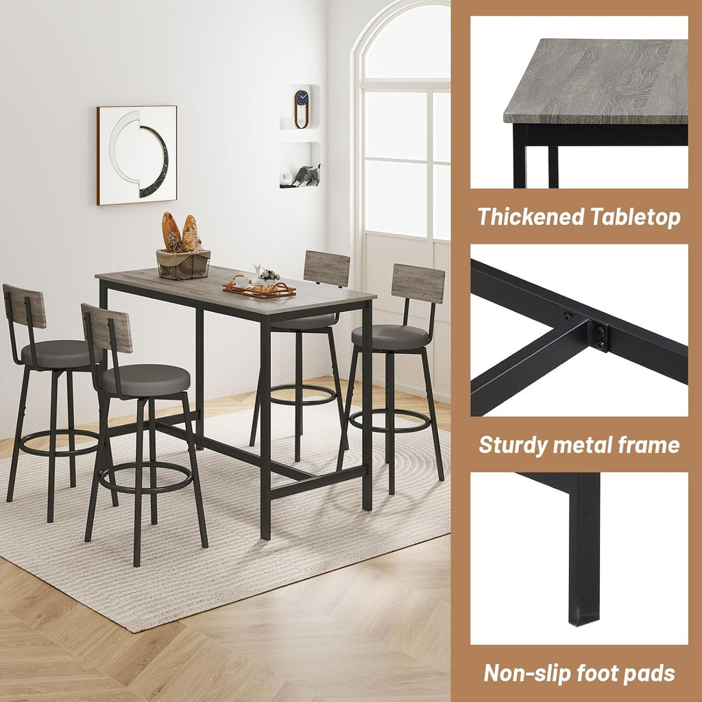 Zevemomo 5-Piece Dining Table Set, Bar Table Set for 4, Kitchen Table and Chairs, Counter Height High Top Table with 4 PU Upholstered Stools, Space-Saving Pub Table Sets for Small Space, Grey & Black