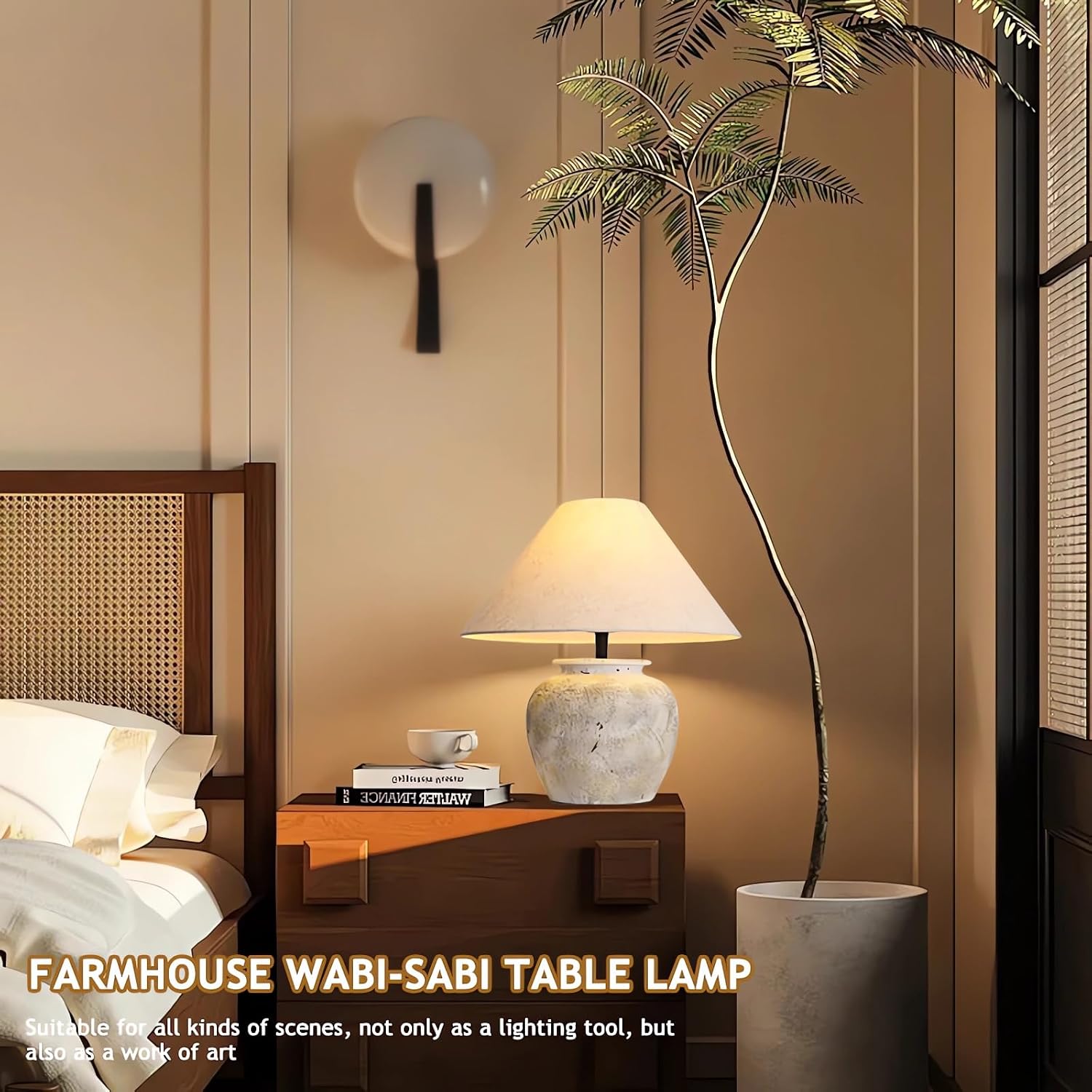 Farmhouse Table Lamp White Ceramic Lamps Rustic Clay Pot with Fabric Shade Decor for Living Room Bedroom House Bedside Nightstand Home Office