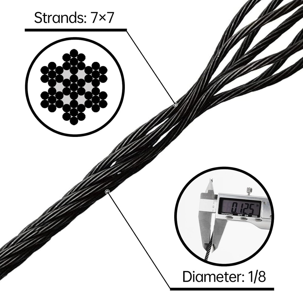 Steel DN Mate 800ft Black Wire Rope 1/8' T316L Marine Grade Stainless Steel Cable 7 × 7 Strands for Stair Fence Deck Cable Railing System, with Wire Cutter