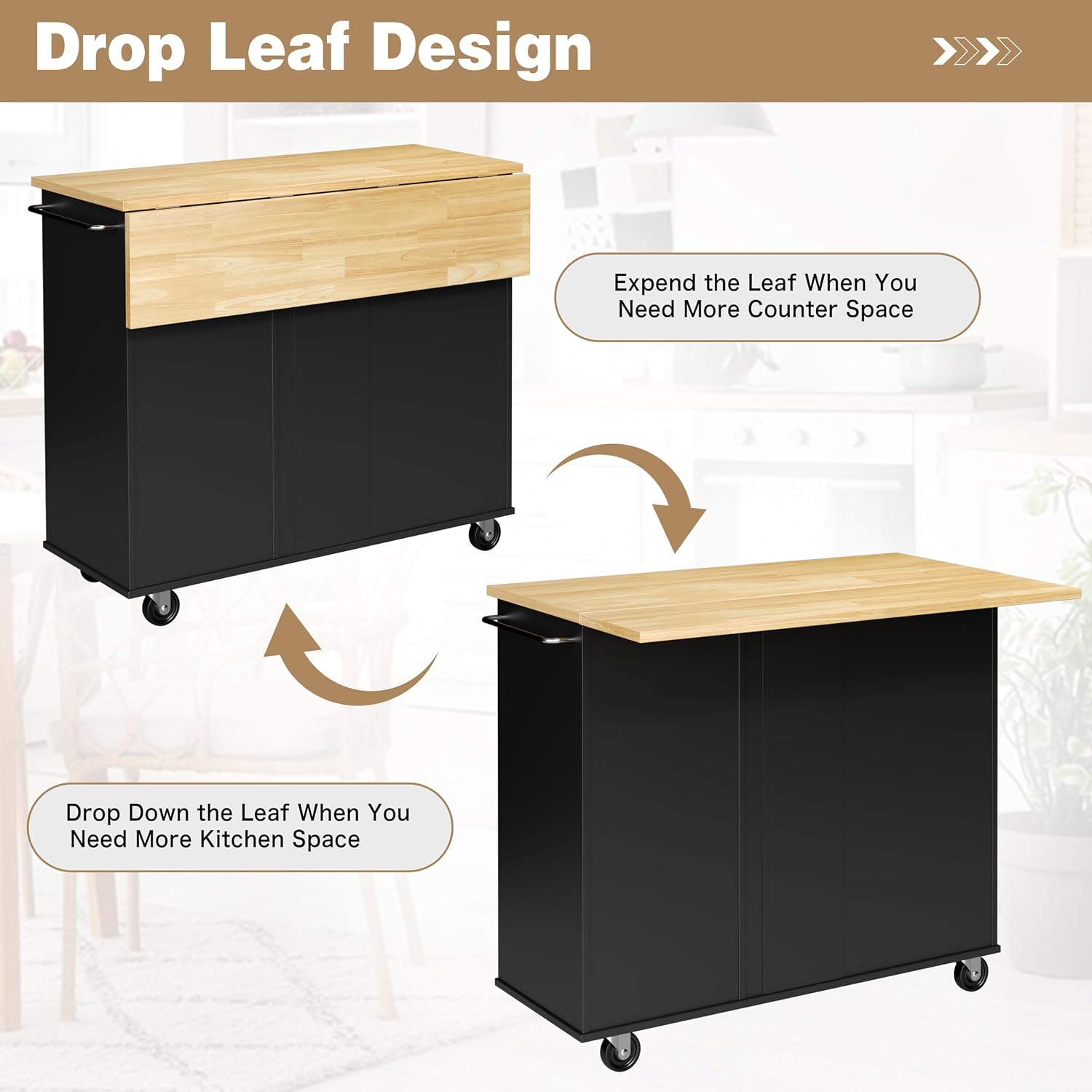 Shintenchi Kitchen Island with Folding Drop Leaf, Rolling Island Table with Storage, Kitchen Cabinet on Wheels with Seating Area for Kitchen, Bar Cart with Cabinet, Black