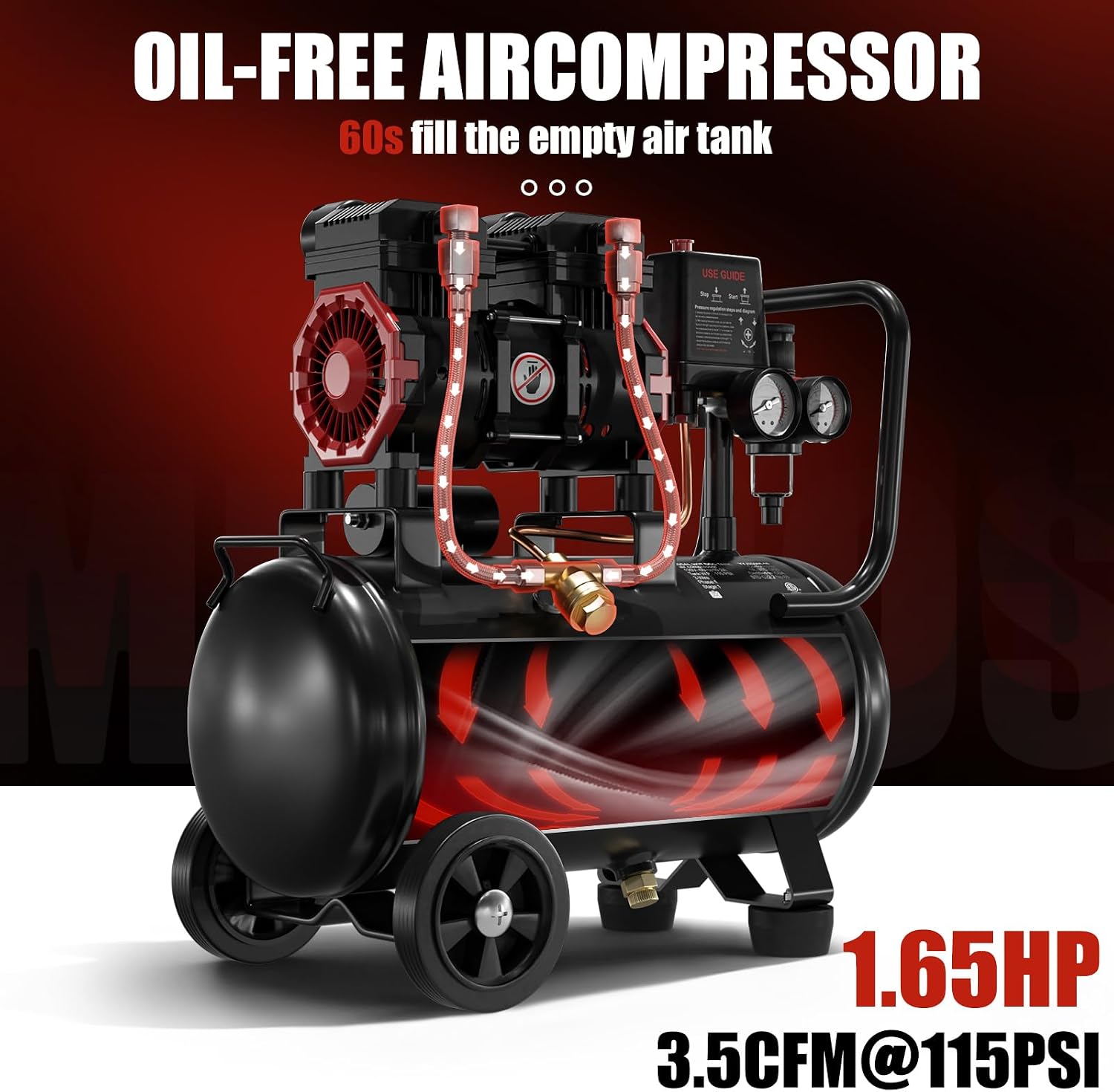Portable Air Compressor with 10 Gallon Steel Tank, 1.65 HP 3.5 CFM @ 90 PSI, 116 Max PSI Oil-Free Air Compressor for Garage, Home Use, Tire Inflation, Nail Gun, DIY Projects,110V