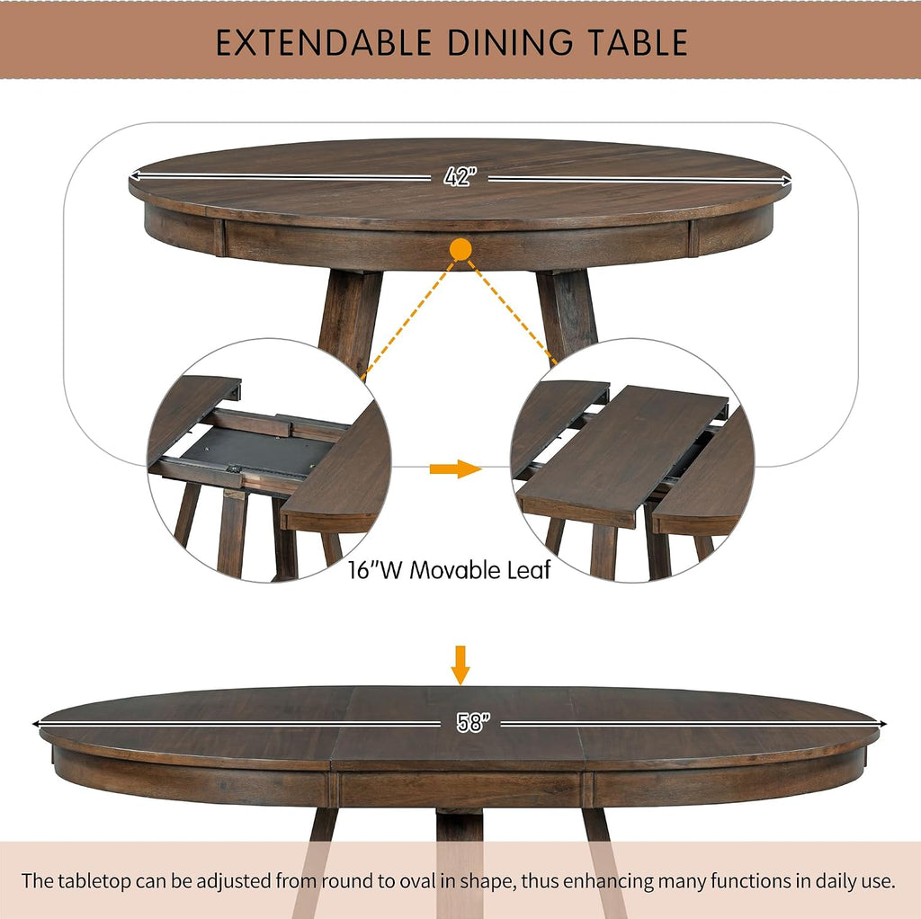 LUMISOL Round Dining Table Set for 4, Farmhouse Extendable Kitchen Table Set with 4 Upholstered Chairs, Solid Wood Table and Chairs Set for Kitchen, Dining Room, Living Room, Beige+Walnut