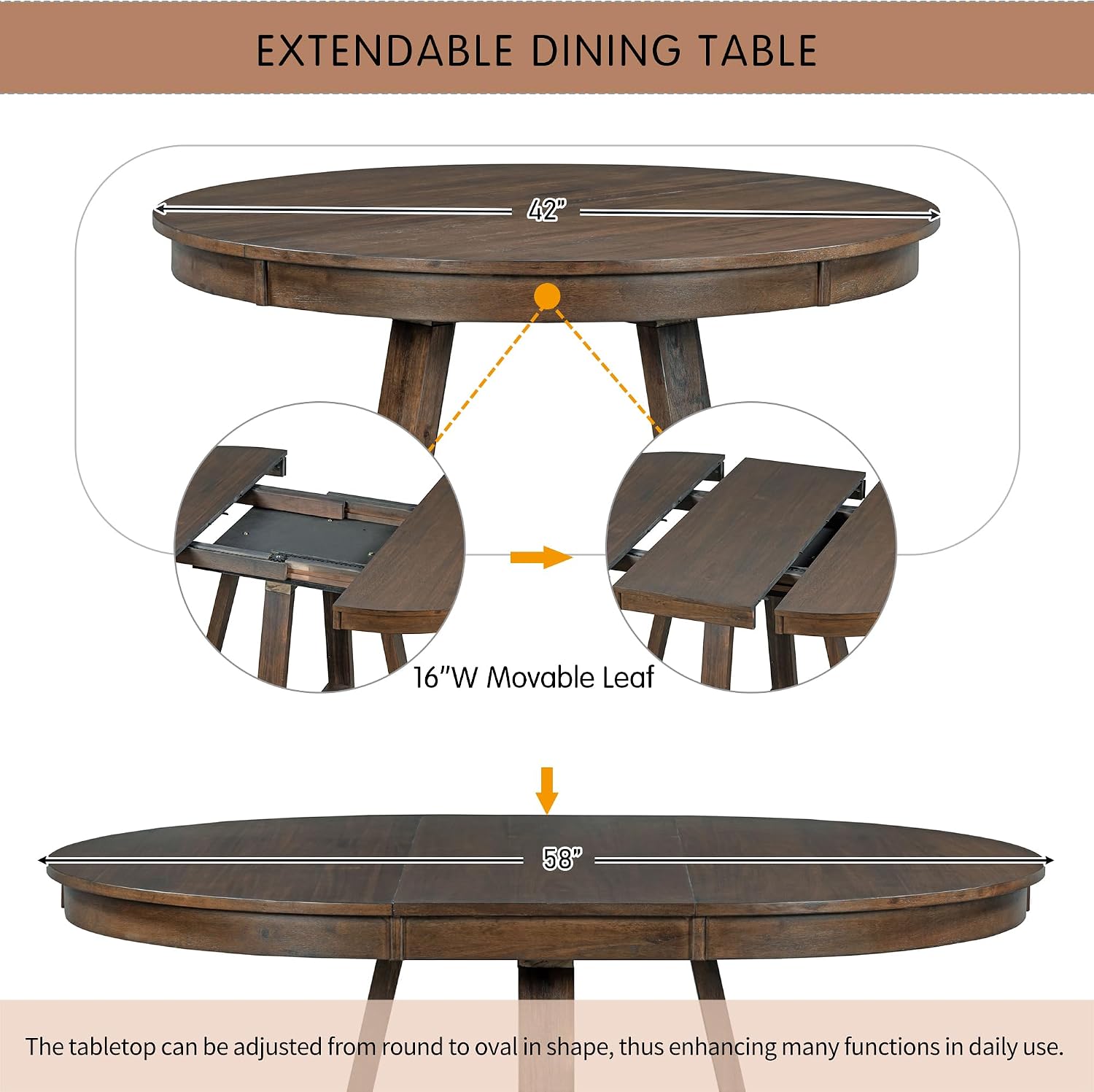 LUMISOL Round Dining Table Set for 4, Farmhouse Extendable Kitchen Table Set with 4 Upholstered Chairs, Solid Wood Table and Chairs Set for Kitchen, Dining Room, Living Room, Beige+Walnut