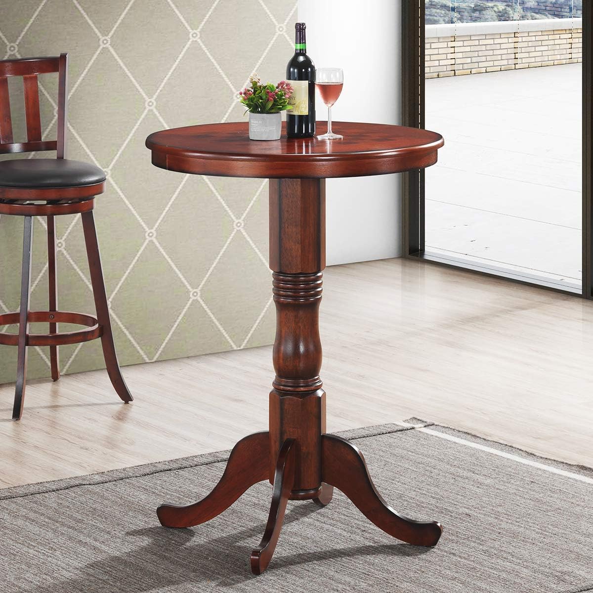 Giantex Round Dining Table, 30' D X 41.5' H, Wooden Pub Pedestal Side Table W/Chessboard, Adjustable Foot Pads, Multi-Purpose Dinner Table for Small Space, Kitchen, Dining Room, Restaurant, Walnut
