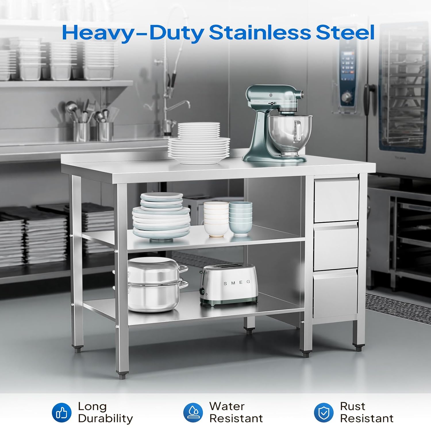 ROVSUN 48 x 24 Inches Stainless Steel Table with 3 Drawers, Heavy Duty Metal Prep & Work Table with Undershelf for Commercial Kitchen, Restaurant, Home, Hotel and Garage