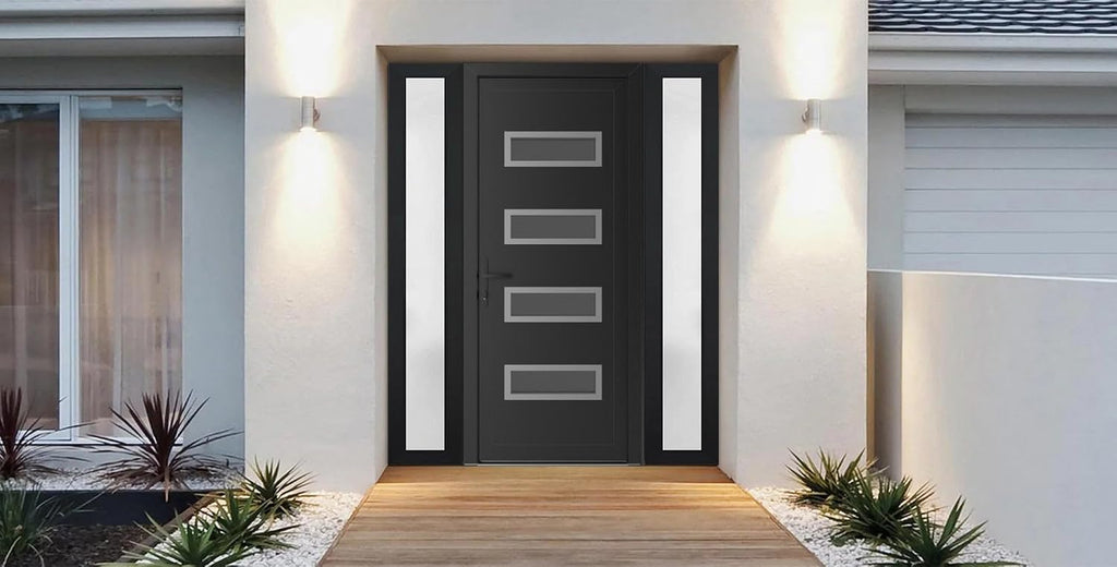 VDOMDOORS Front Exterior Prehung Metal-Plastic Door Mirrored-Clear Glass | Manux 8113 Matte Black | 2 Side Sidelite Transoms | Residential Doors Entrance Patio Garage 56 x 80 (W12+32+12 x H80) RH-I