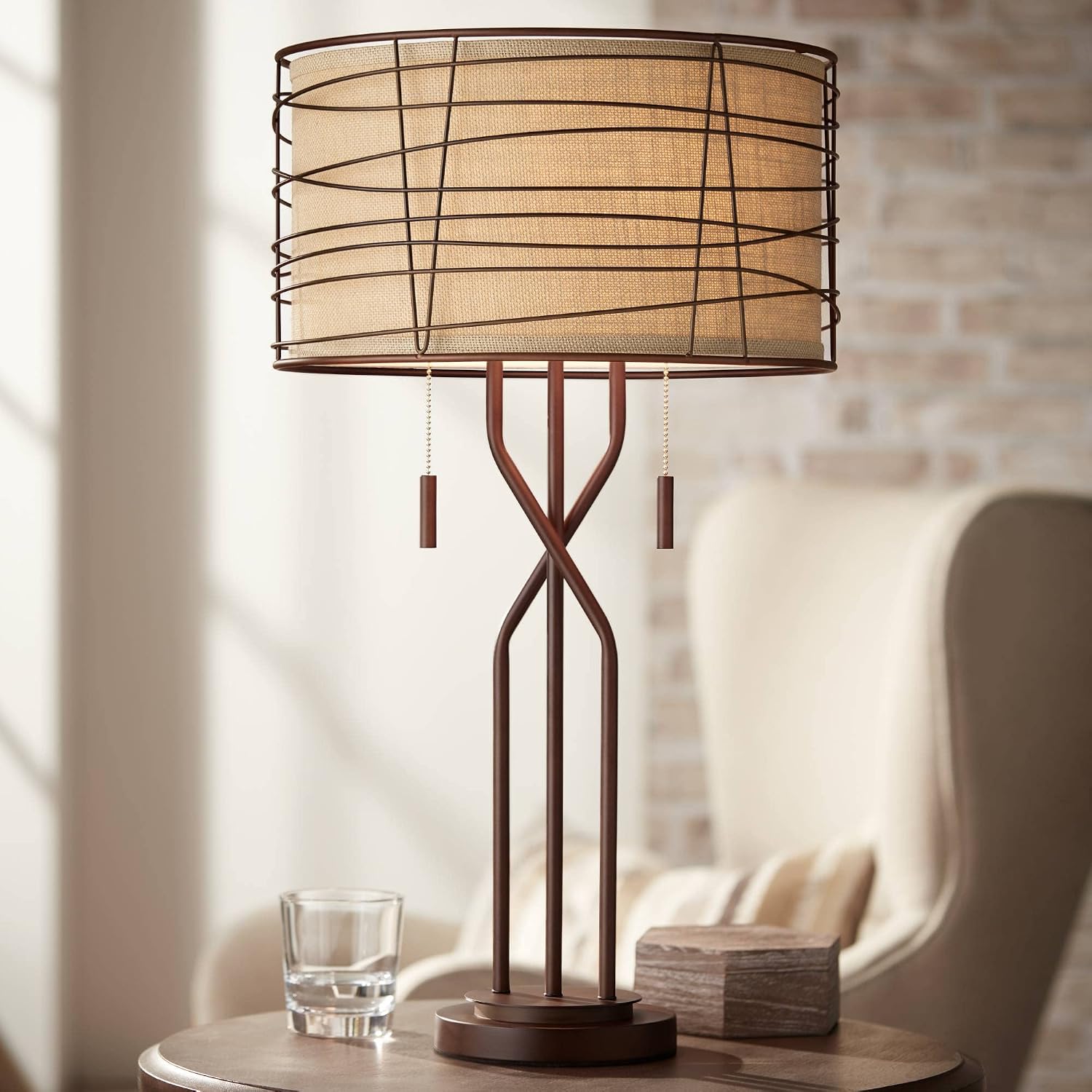 Franklin Iron Works Marlowe 28 3/4' Tall Farmhouse Rustic Modern Industrial End Table Lamps Set of 2 Pull Chain Bronze Brown Metal Living Room Bedroom Bedside Nightstand House Office Woven Shade