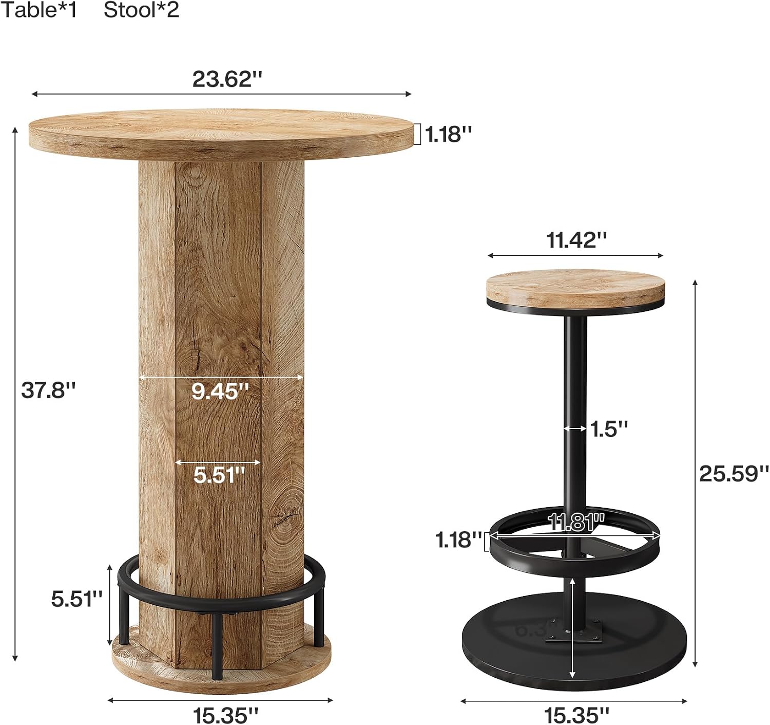 Tribesigns Round Bar Table with Chairs, Industrial Bistro Sets with 2 barstools, Pub Cocktail Table with Metal Ring Footrest for Kitchen Nook, Apartment, Small Space