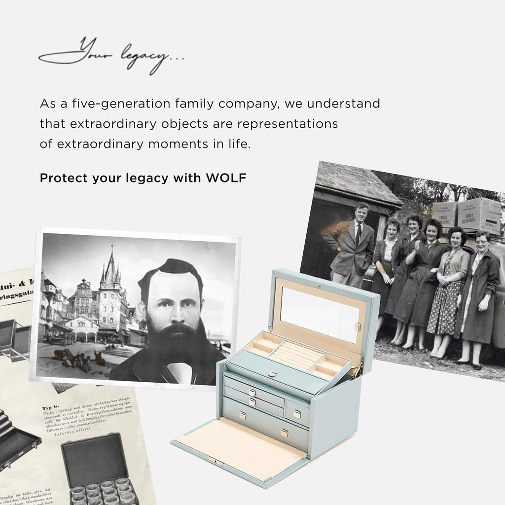 WOLF Heritage Safe Deposit, Black - Seven Jewelry Compartments, One Ring Roll & One Watch Compartment - Includes Lock & Key