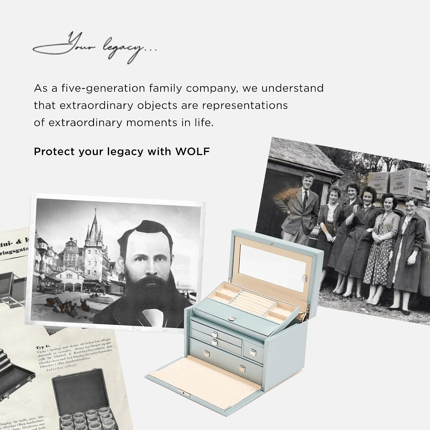 WOLF Heritage Safe Deposit, Black - Seven Jewelry Compartments, One Ring Roll & One Watch Compartment - Includes Lock & Key