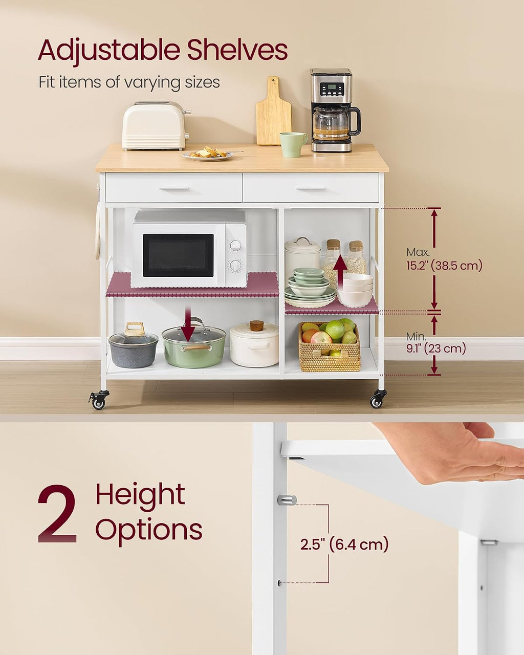 VASAGLE Kitchen Rolling Island, Mobile Kitchen Cart with Storage on Wheels, 27.6 x 43.3 x 35.4 Inches, 2 Drawers, 2 Hooks, for Dining Room, Oak Beige and Matte White UKKI011Y01