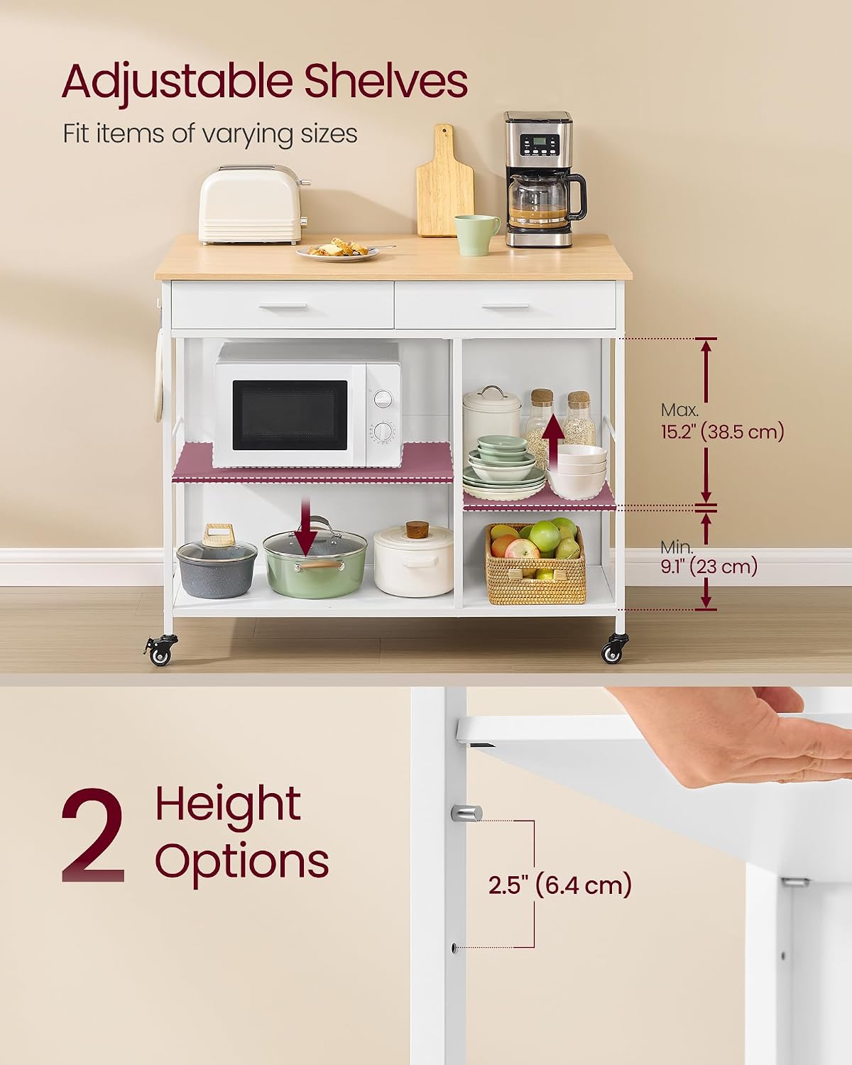VASAGLE Kitchen Rolling Island, Mobile Kitchen Cart with Storage on Wheels, 27.6 x 43.3 x 35.4 Inches, 2 Drawers, 2 Hooks, for Dining Room, Oak Beige and Matte White UKKI011Y01