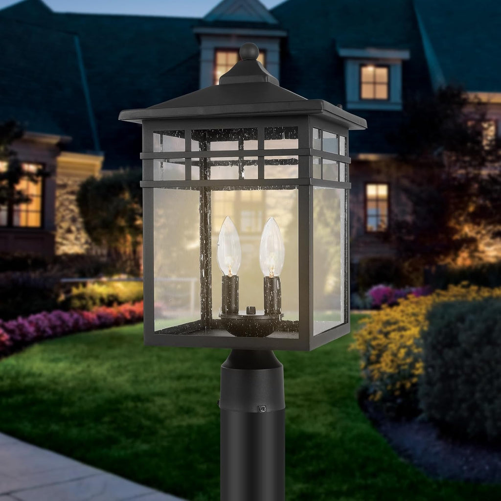 Outdoor Post Light Fixture, 2-Light Large Exterior Pillar Lantern with Black Finish & Seeded Glass, 10 Inch Square Pier Mount Lamp for Garden, Backyard, Courtyard, Patio, Deck, Pathway, Walkway