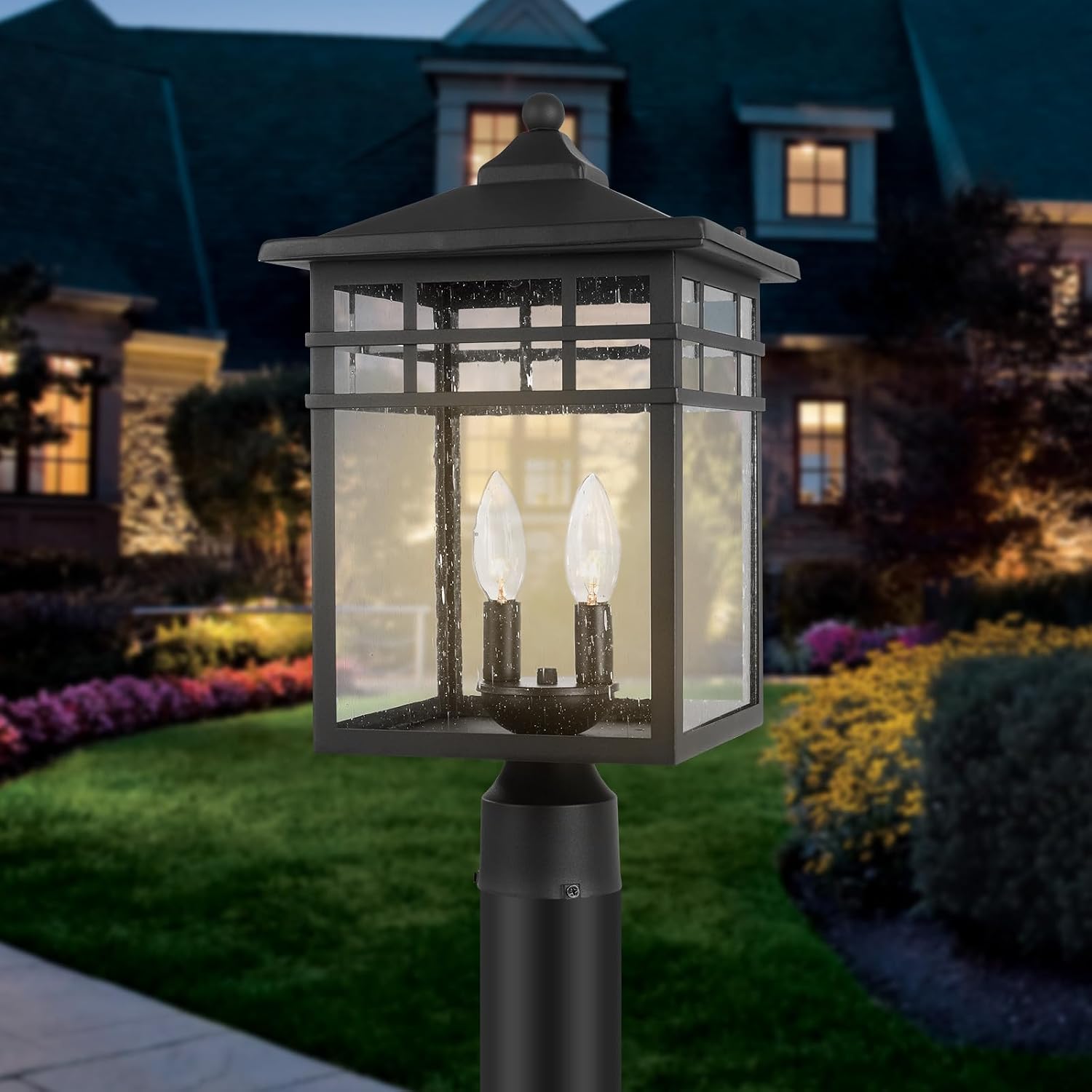 Outdoor Post Light Fixture, 2-Light Large Exterior Pillar Lantern with Black Finish & Seeded Glass, 10 Inch Square Pier Mount Lamp for Garden, Backyard, Courtyard, Patio, Deck, Pathway, Walkway