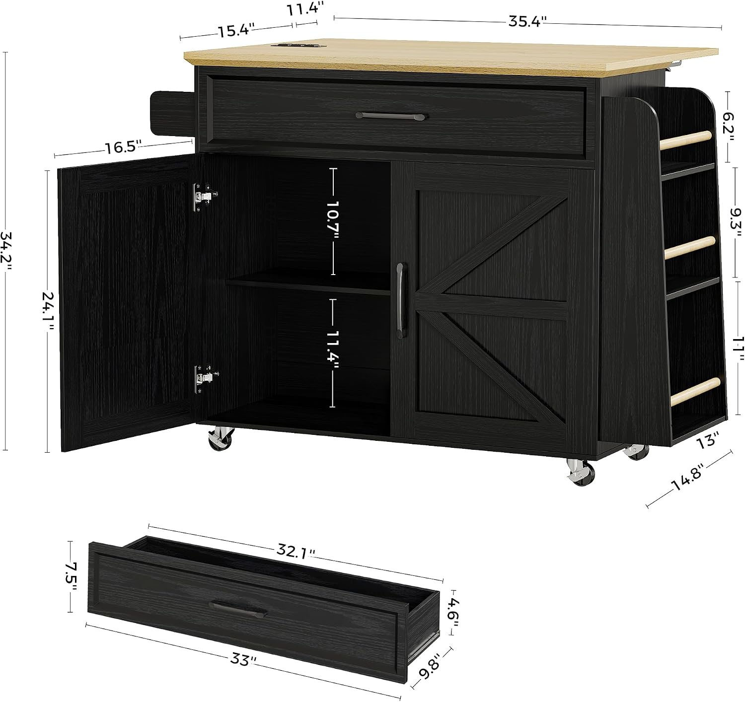 IRONCK Kitchen Island Cart with Storage, Rolling Kitchen Table with Power Outlet, Storage Cabinets on Wheels with Drop Leaf, Portable for Dining Room, Black