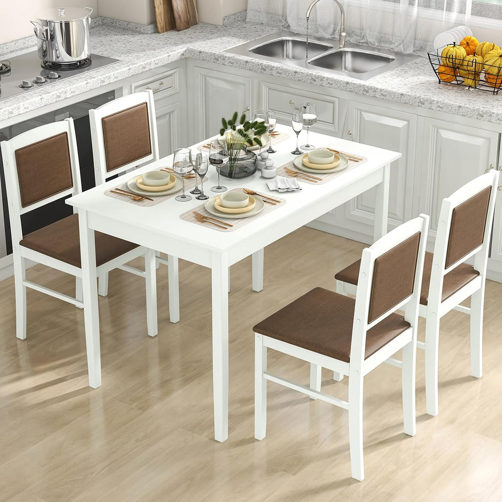 Tangkula Dining Table Set for 4, Farmhouse Solid Wood Dinette Set w/Rubber Wood Legs, Upholstered Seat & Padded Backrest, Mid-Century Modern Dining Table and Chairs Set for Kitchen, Dining Room