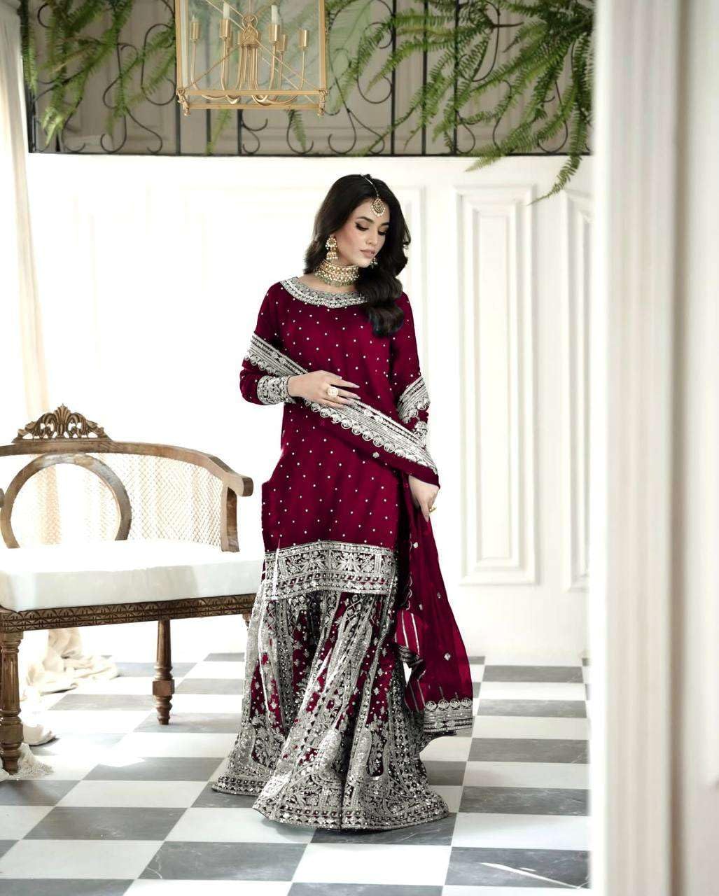 AYOSA RETAIL Women's Faux Georgette Embroidered Straight Kurta with Sharara & Dupatta Set with Rivet Moti Work