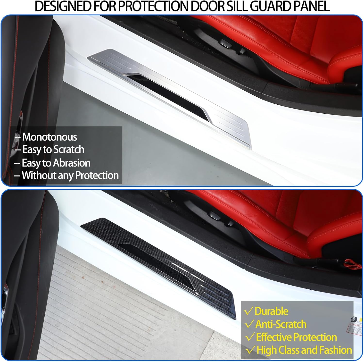 Real Carbon Fiber Door Sill Protectors Compatible with Chevrolet Corvette C8 2020-2026, Door Sill Guard Trim Cover, Threshold Strip Door Entry Guard Decorative Strip 2Pcs (Black)