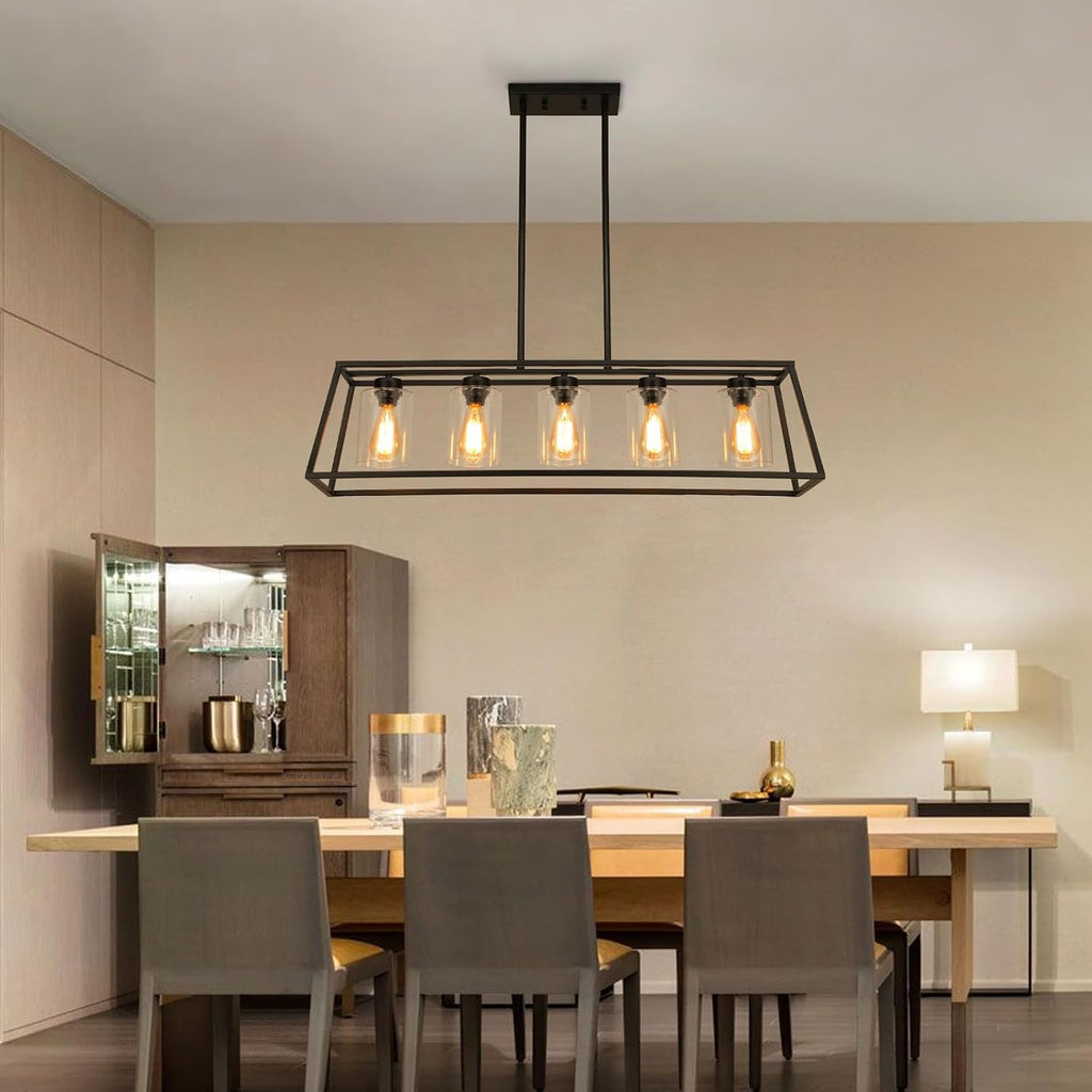 Kitchen Island Lighting,5-Light Black Chandeliers for Dining Room Light Fixtures Over Table, Farmhouse Rectangle Chandelier Island Lights for Kitchen with Cylinder Clear Glass