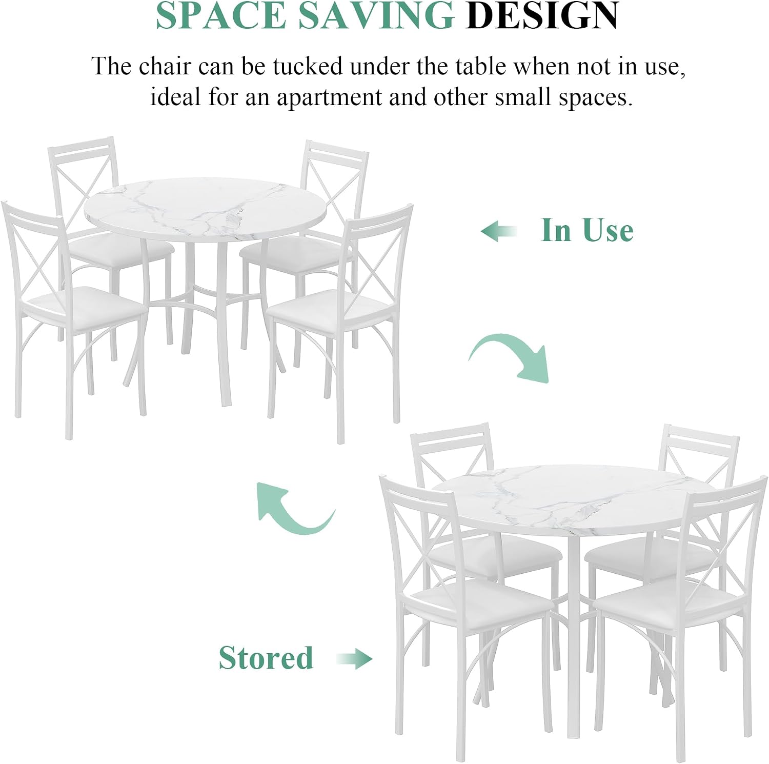 VECELO 5 Piece Dining Table Set for 4, Faux Marble Dinette with Chairs for Kitchen, Breakfast Nook, Small Space, Off White