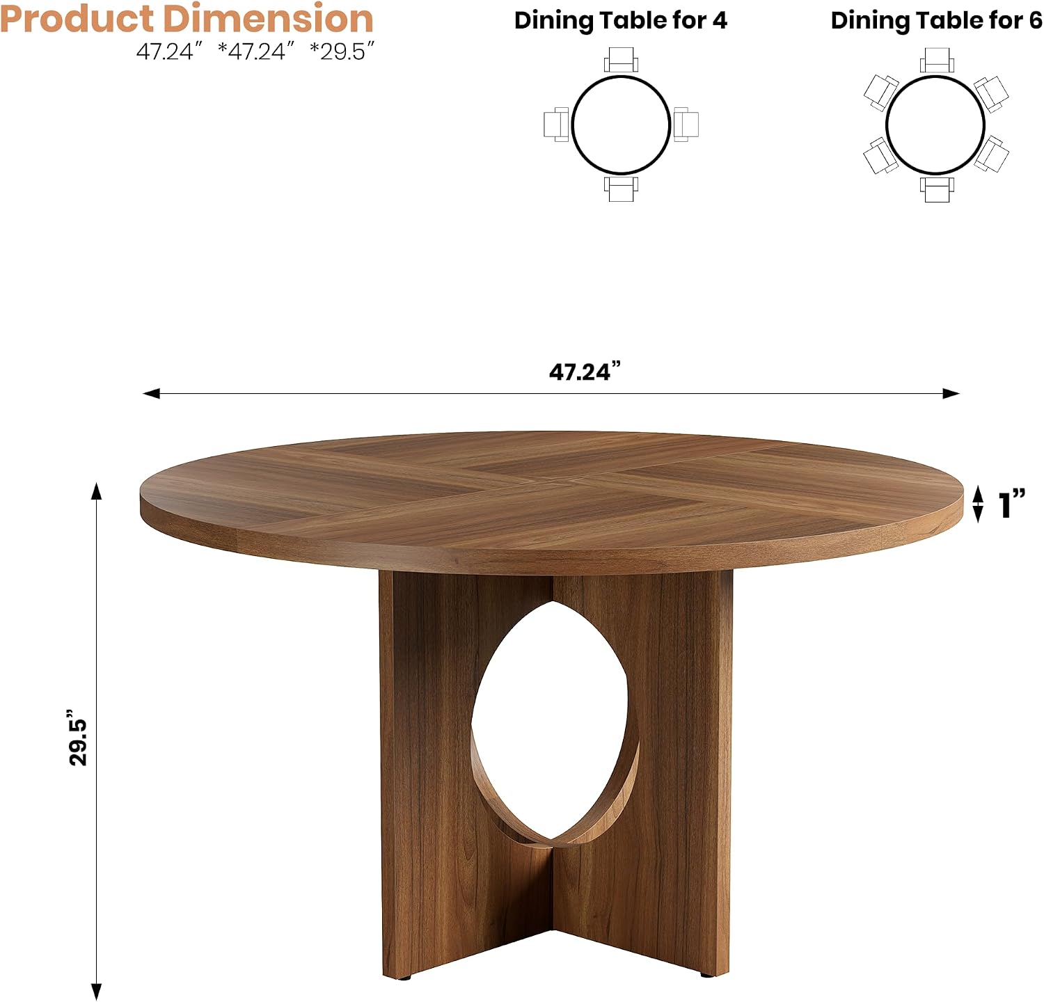 Garvee 47' Round Dining Table for 4-6 People - Circle Kitchen Dinner Table with Sturdy Pedestal Base, Space Saving Dinning Room Furniture for Living Room, Kitchen, Apartment, Brown