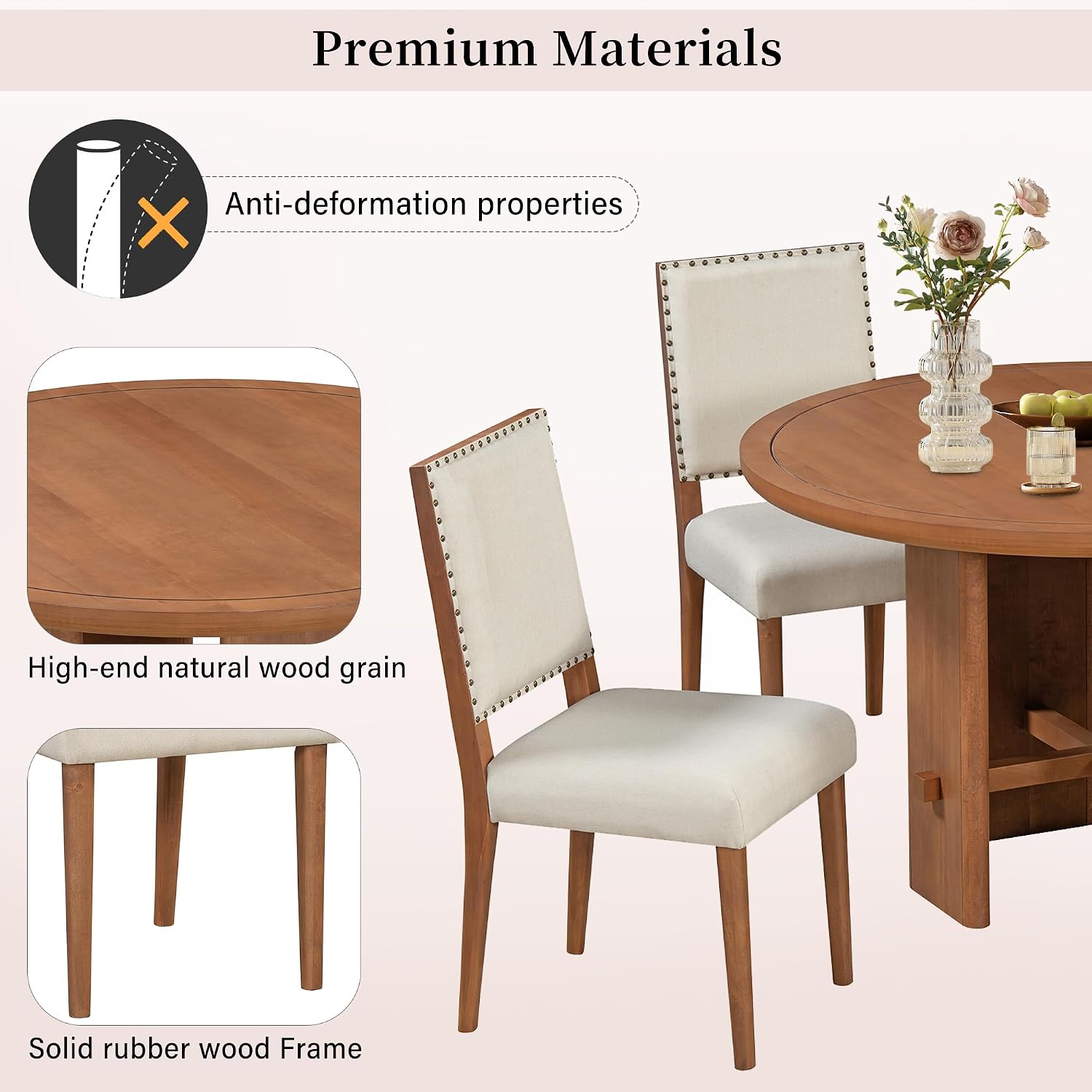 Merax 5-Piece Round Dining Table Set for 4, Minimalist Farmhouse Dining Table with 4 Upholstered Chairs, Kitchen & Dining Room Sets, Beige+Brown