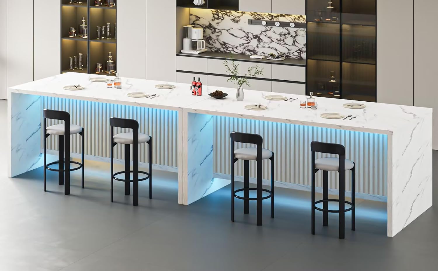 71'' Large Faux Marble Dining Table for 6 People, 37.4''H Tall Modern Kitchen Island with LED Lights, Rectangle Kitchen Dining Table for Home