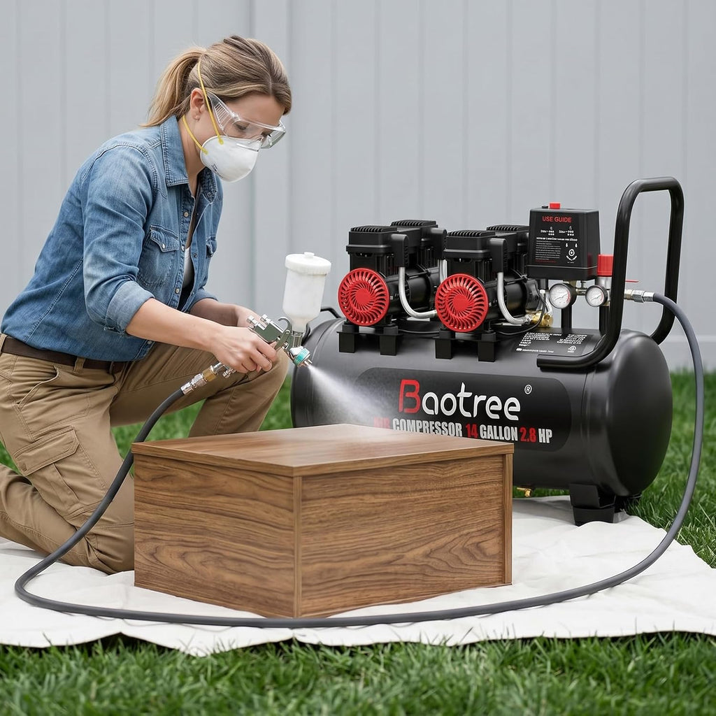 14 Gallon Ultra Quiet Air Compressor with Two Quick Couplers, 2.8HP MAX 115PSI Oil-Free Air Compressor Steel Tanks, 70dB Air Compressor with Wheels for Spray Painting, Auto Repair, Woodwork Nailing