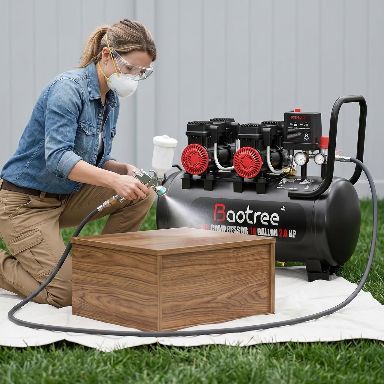 14 Gallon Ultra Quiet Air Compressor with Two Quick Couplers, 2.8HP MAX 115PSI Oil-Free Air Compressor Steel Tanks, 70dB Air Compressor with Wheels for Spray Painting, Auto Repair, Woodwork Nailing
