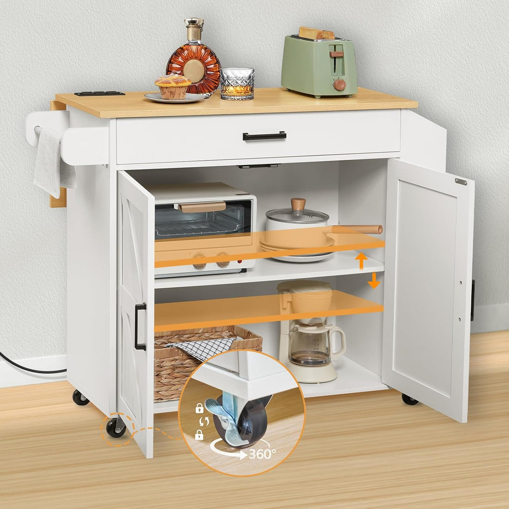 HOOBRO Kitchen Island with Drop Leaf Countertop & Power Outlet, Rolling Island Cart on Wheels, Kitchen Cart with Drawer & Spice Rack, Mobile Island Table for Kitchen, White and Natural WN86UZD01