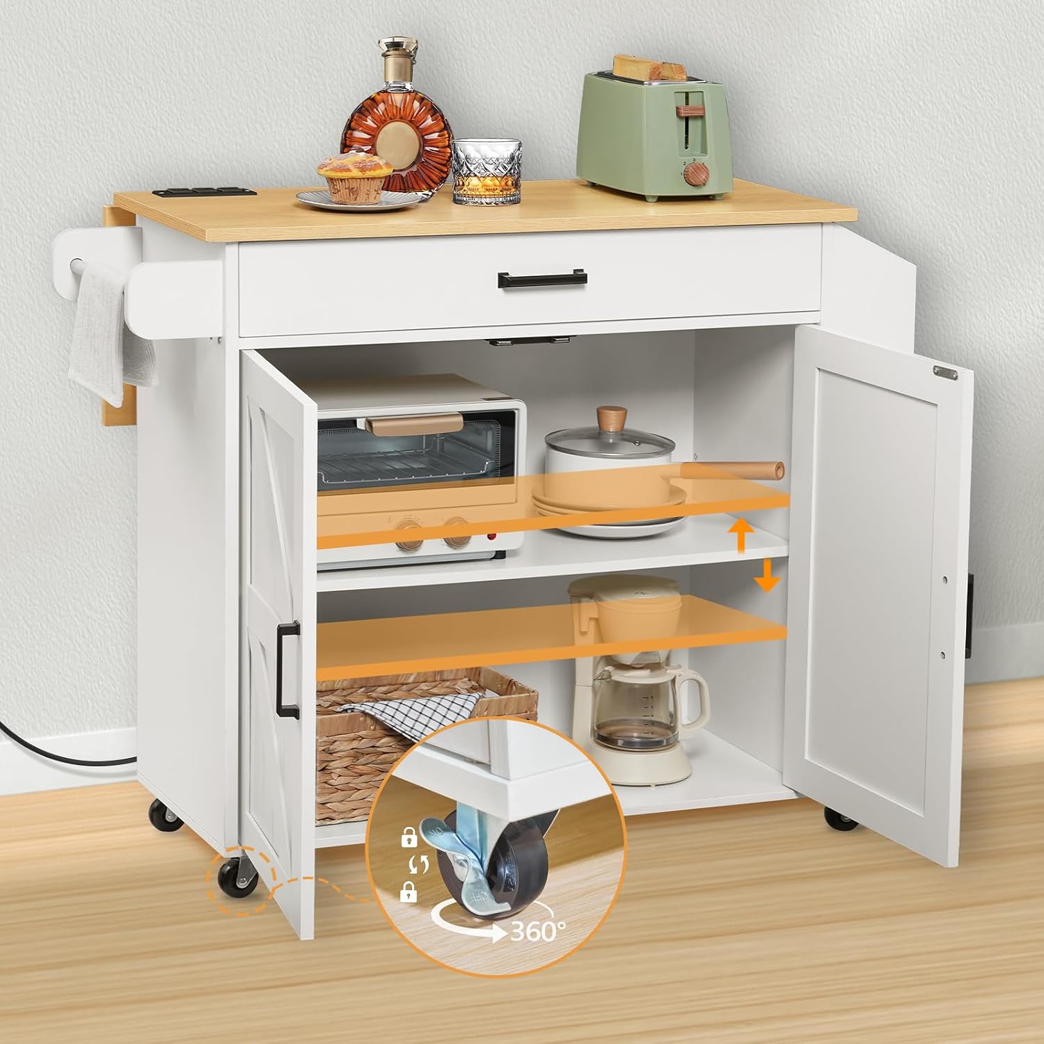 HOOBRO Kitchen Island with Drop Leaf Countertop & Power Outlet, Rolling Island Cart on Wheels, Kitchen Cart with Drawer & Spice Rack, Mobile Island Table for Kitchen, White and Natural WN86UZD01