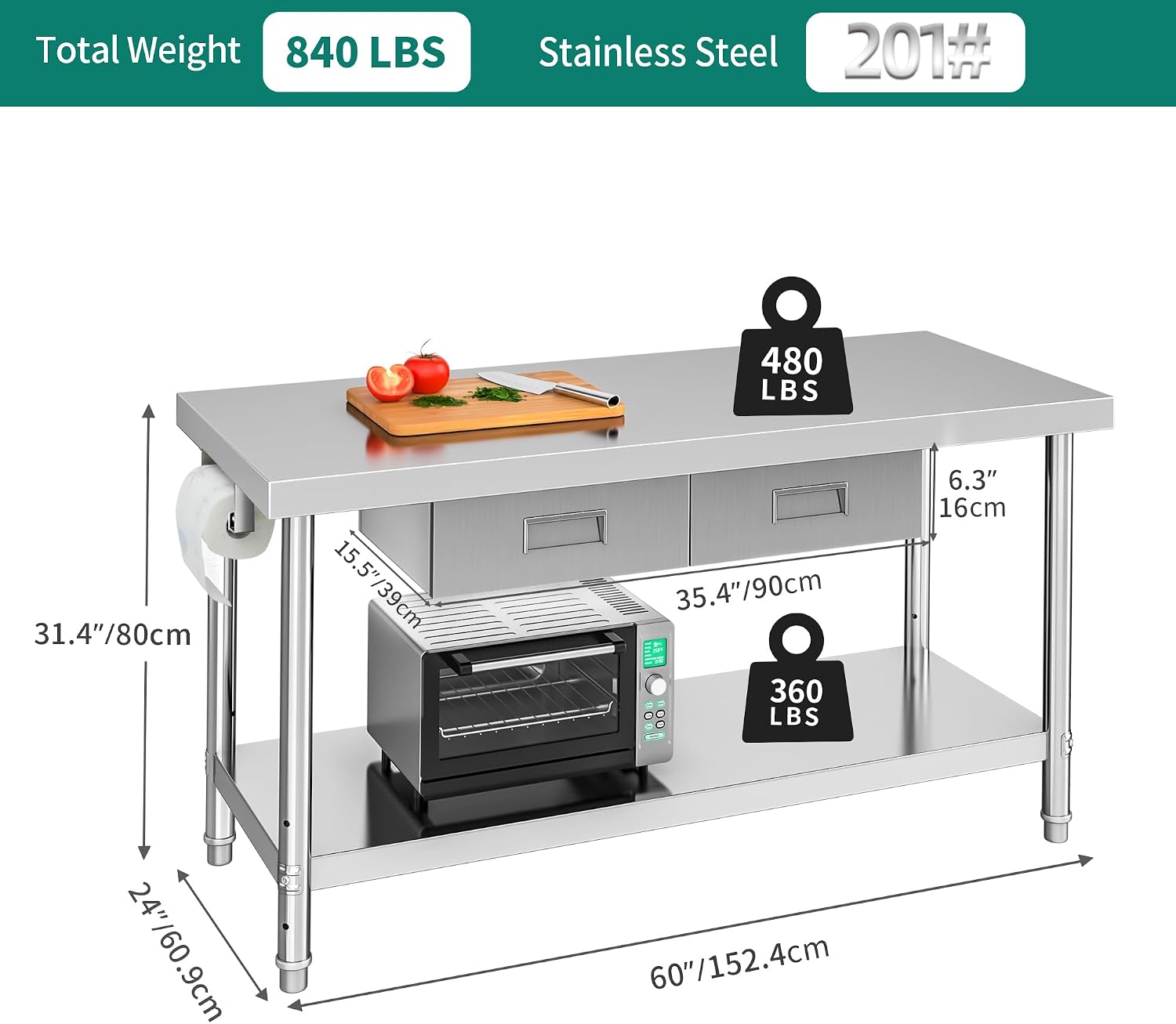 YITAHOME 60' X 24' Stainless Steel Table with Paper Towel Holder and 2 Drawers, NSF Work Table with Drawer, Metal Table Prep Table for Home Kitchen Restaurant Garage Warehouse